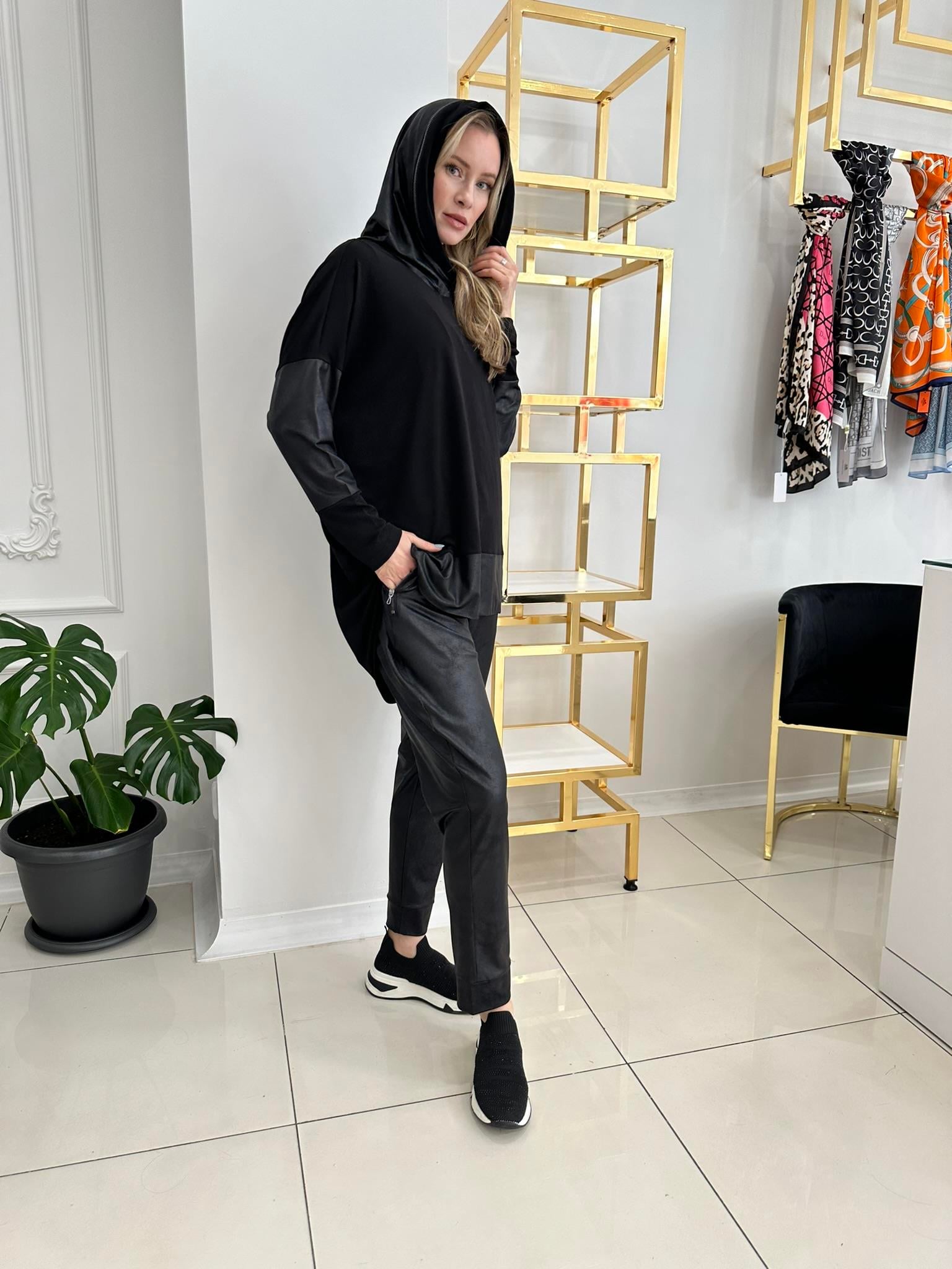 225725D DERİ FERMUAR CEPLİ PANTOLON  SİYAH