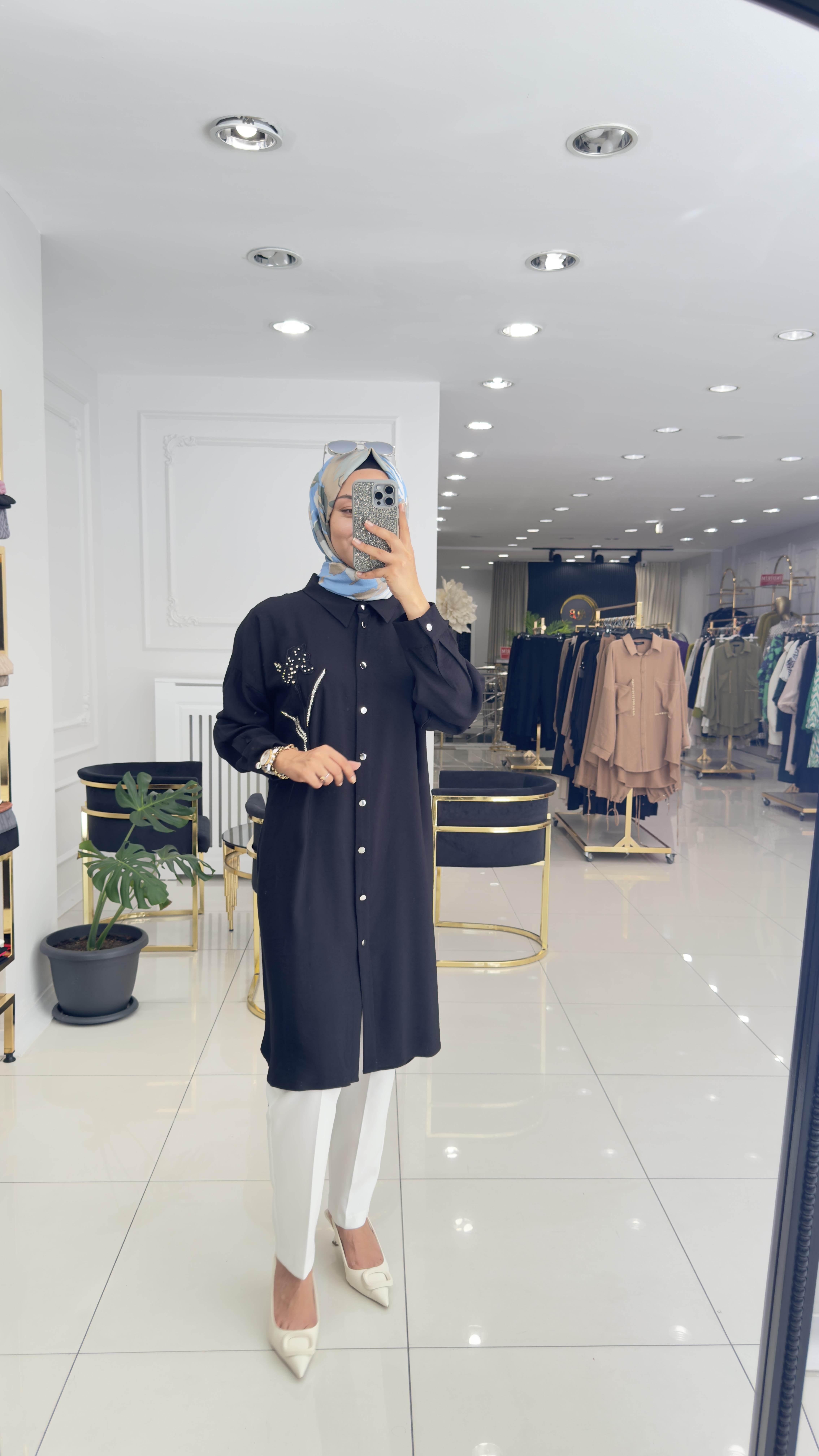 23025 Nakış işlemeli tunik-SİYAH