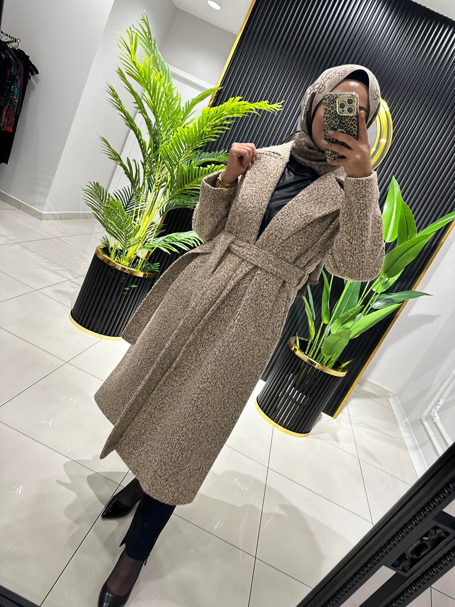 24703 KIRÇILLI KUMAŞLI KABAN  KAHVERENGİ