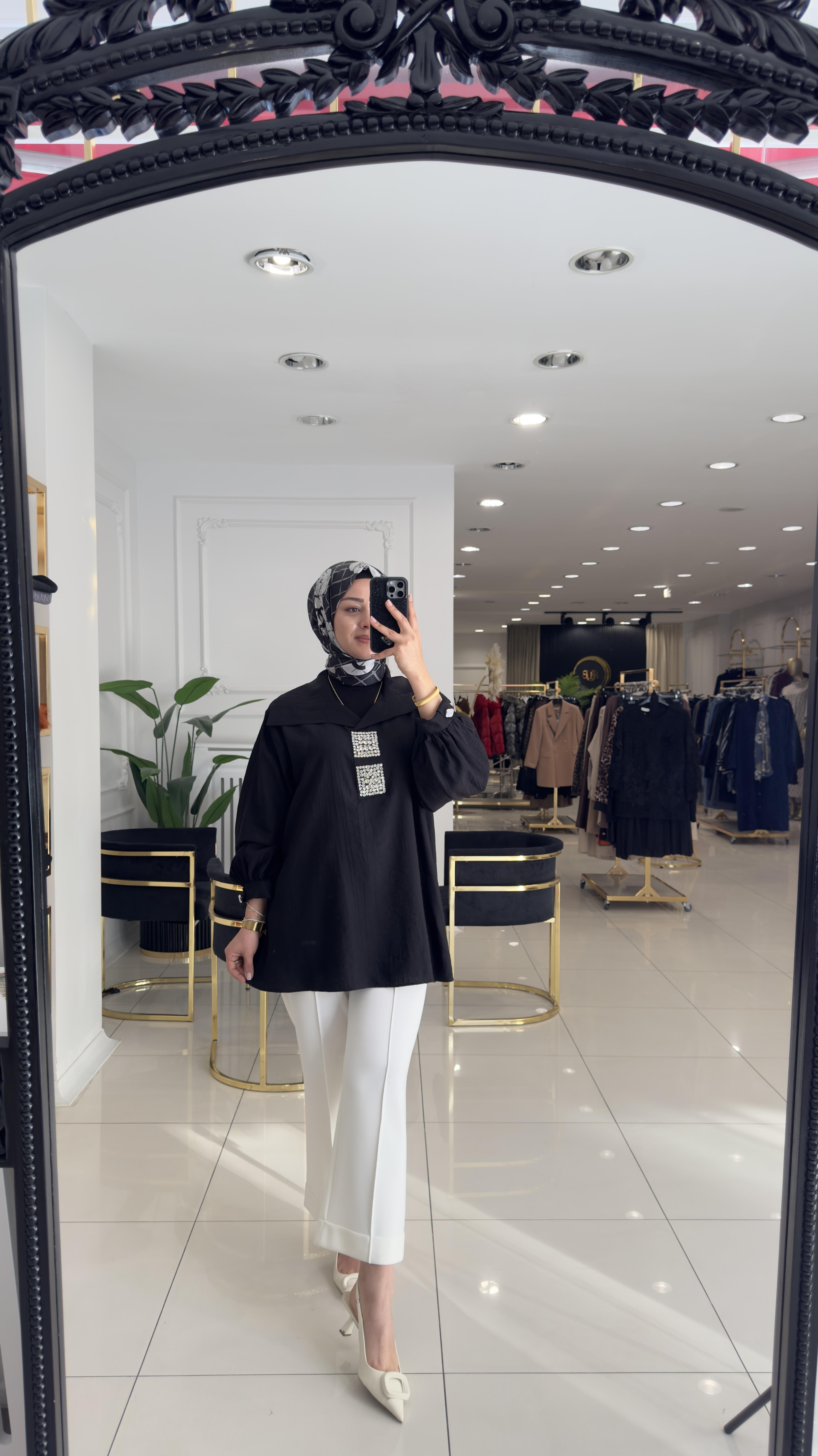 3232 Mona Taşlı Tunik-SİYAH