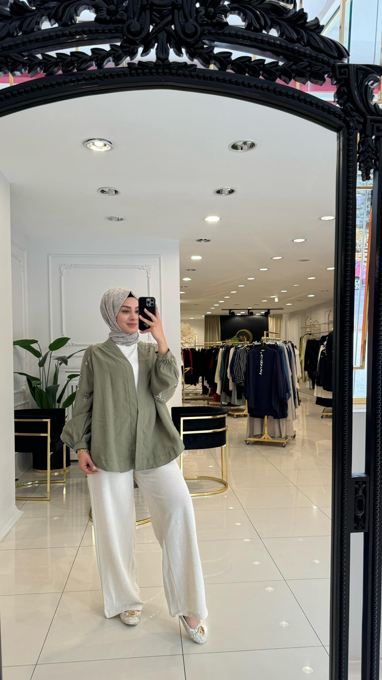 34371 Boncuk işlemeli ithal kimono-HAKİ