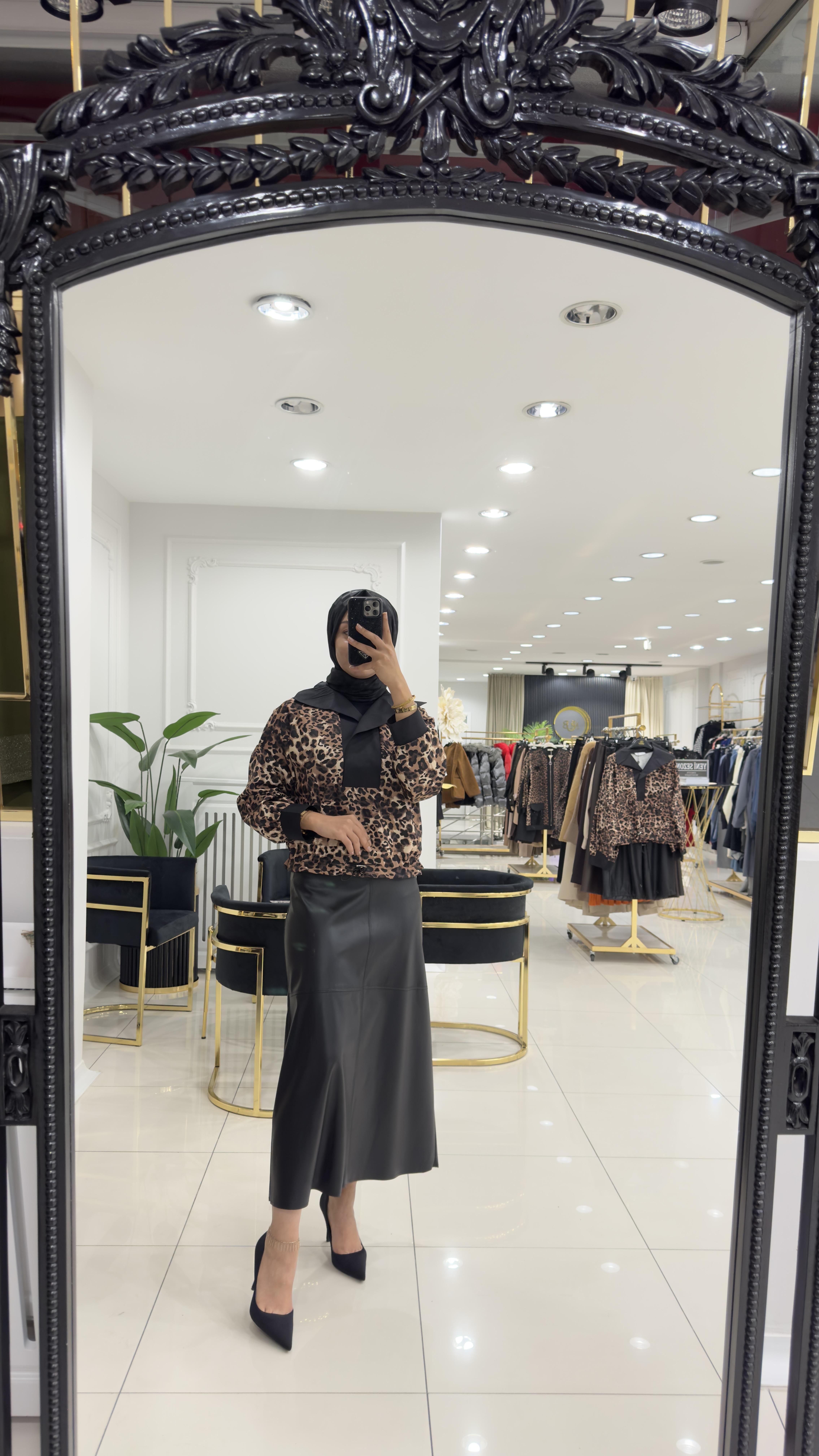 35426 Garnili leopar bluz-SİYAH