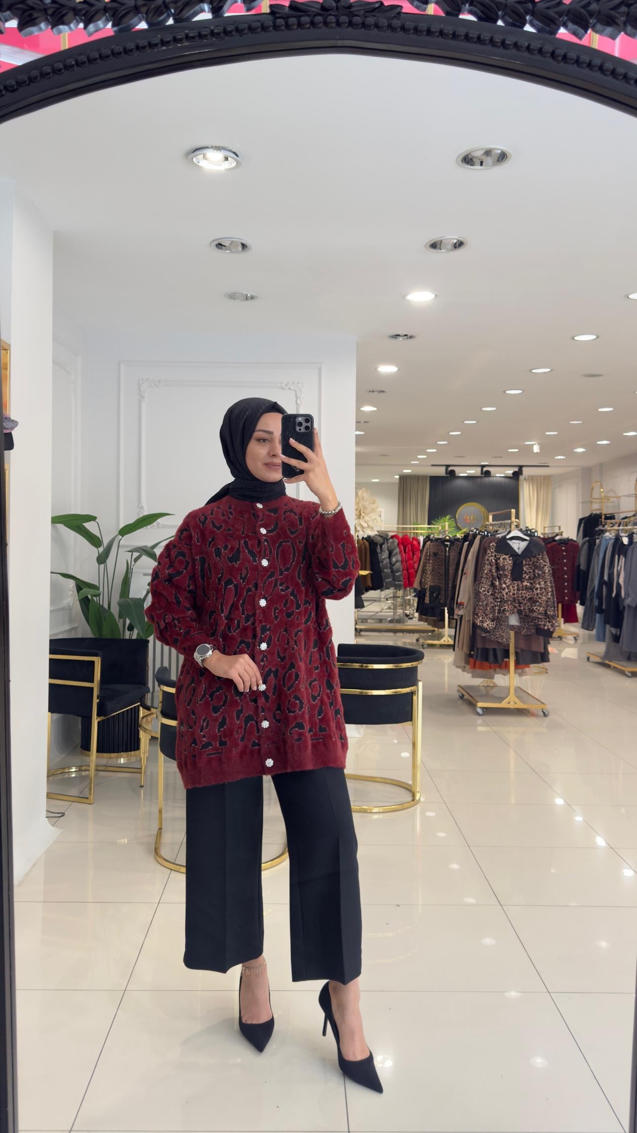 40925 Leopar Angora Hırka-BORDO