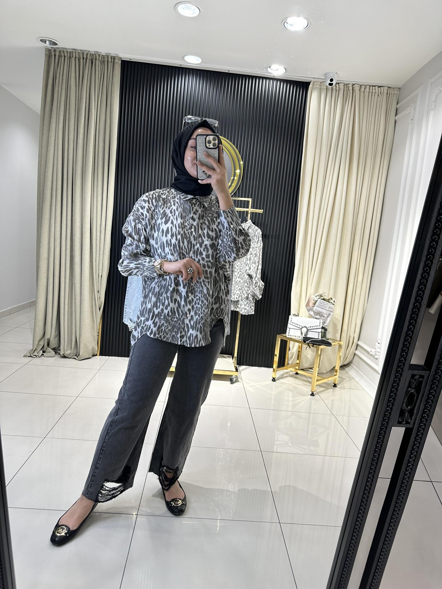 4859 Leopar oversize gömlek  GRİ