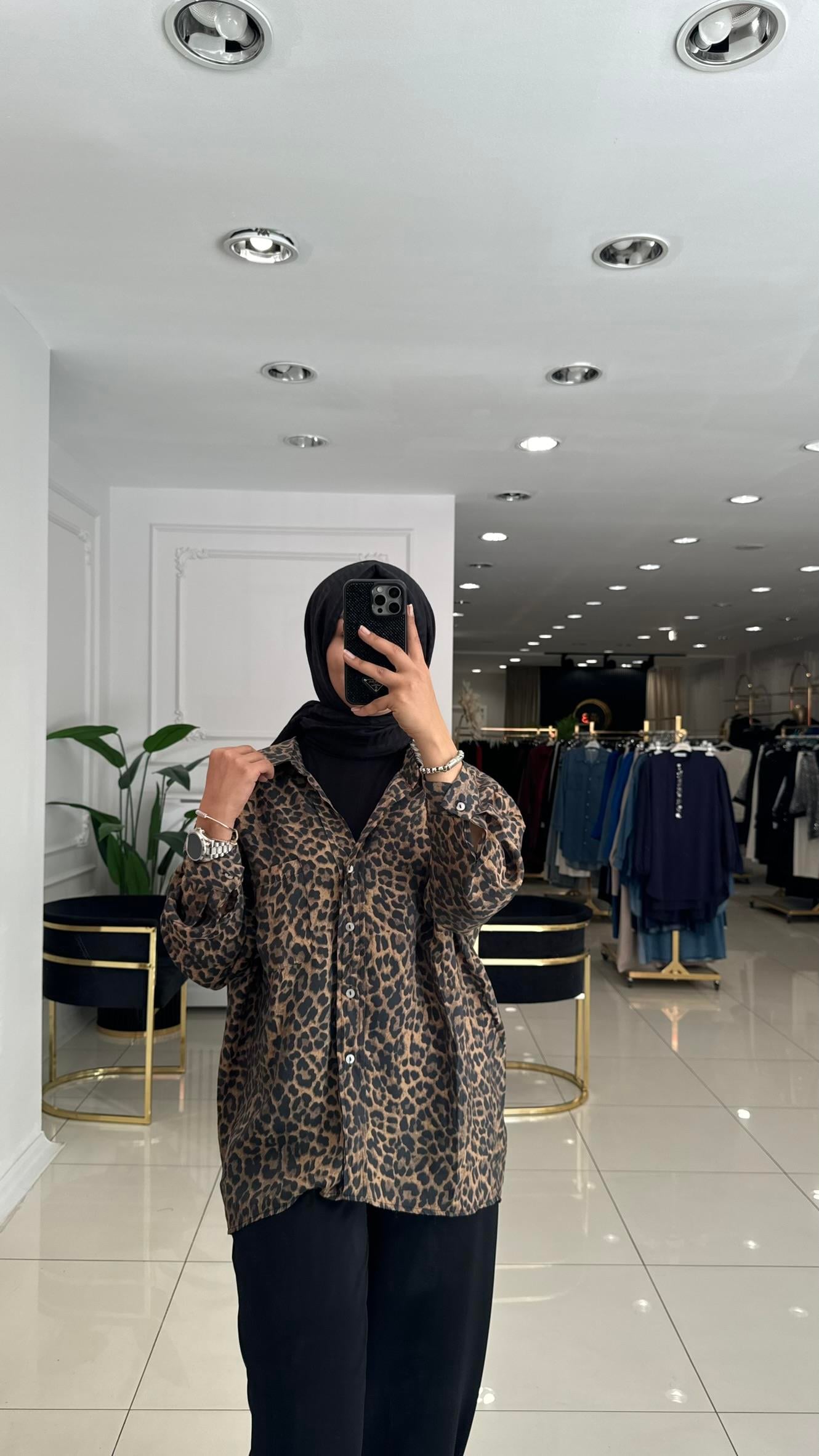 4962 Leopar oversize gömlek-KAHVERENGİ