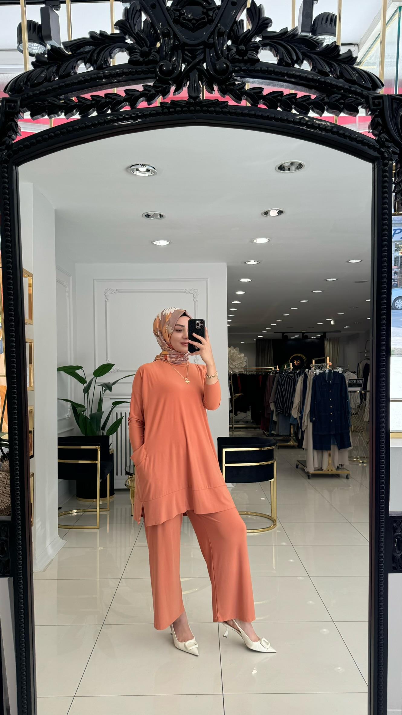 5015 Yanları cepli sandy takım-TURUNCU