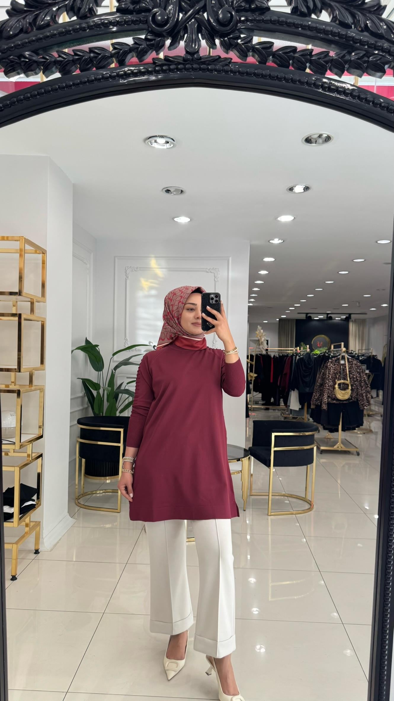 5035 Kol tırtıklı triko tunik-BORDO