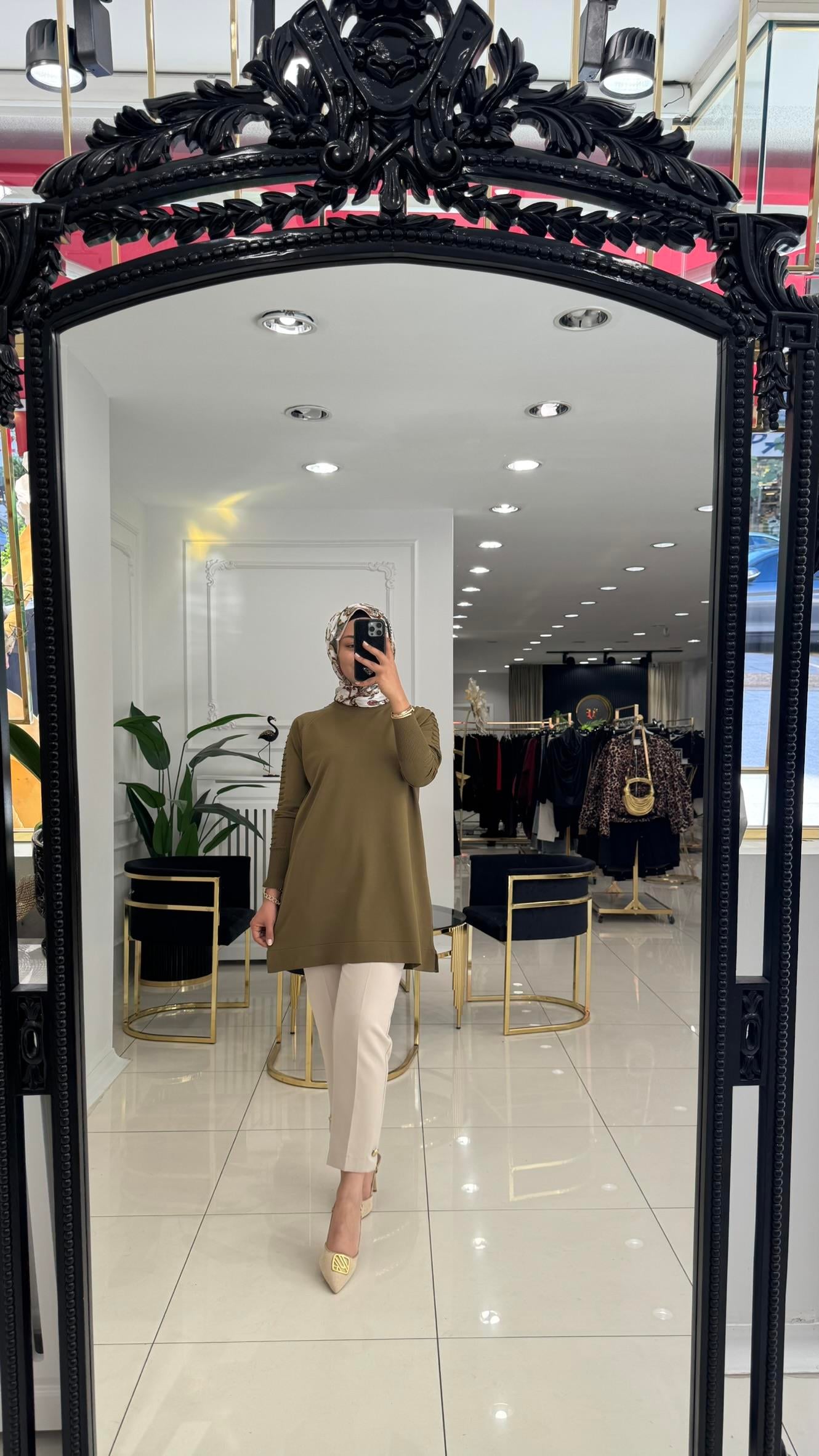 5035 Kol tırtıklı triko tunik-OLİVE