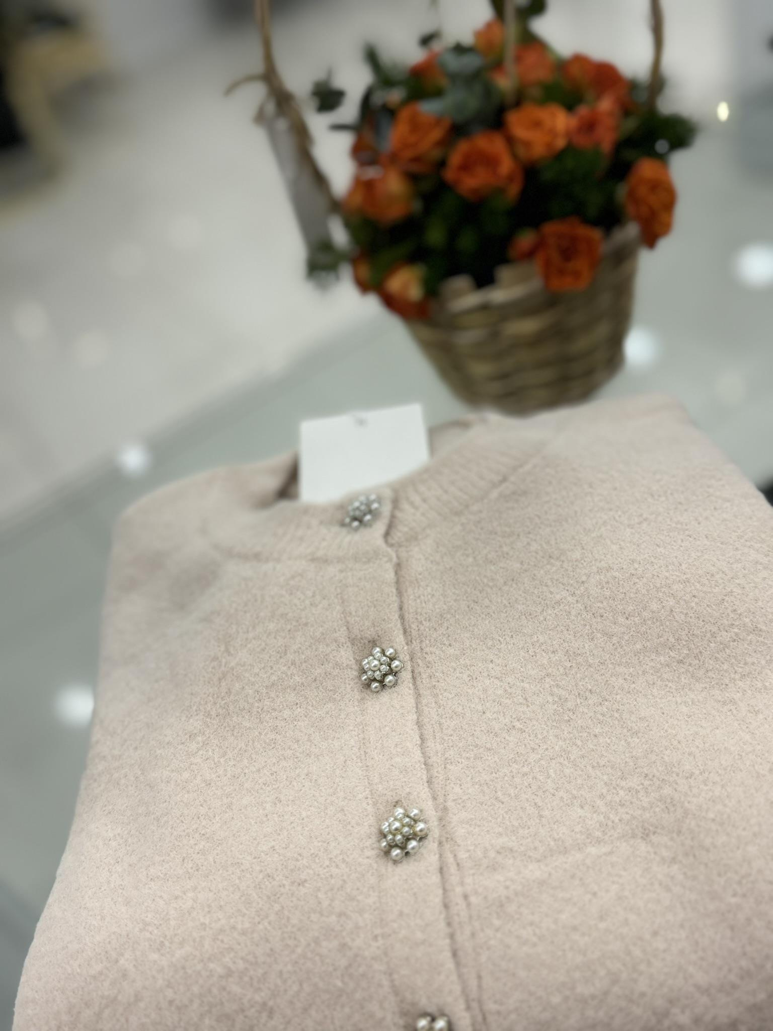 60198 Bisiklet yaka inci düğmeli hırka-SÜTLÜ KAHVE