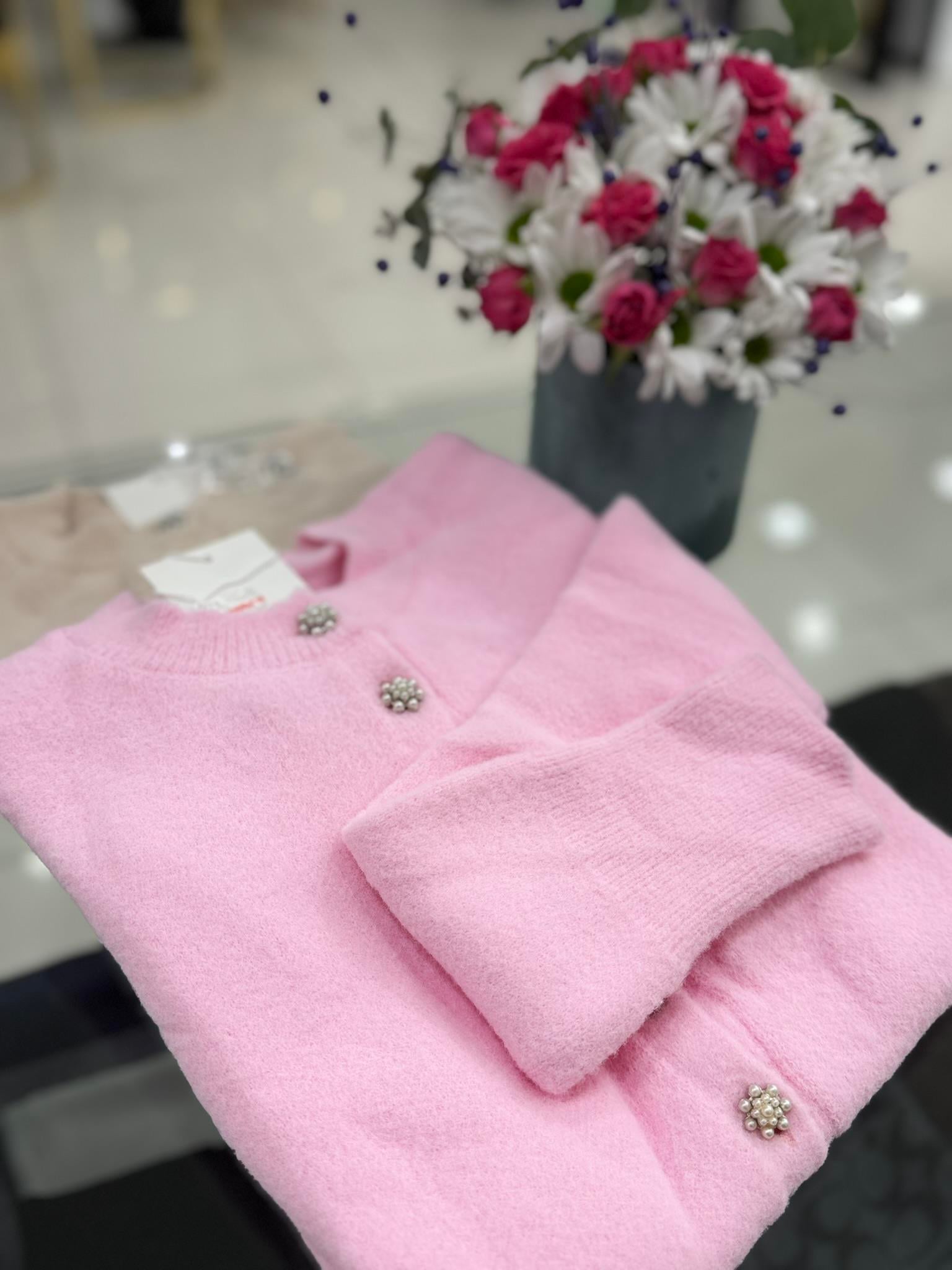 60198 Bisiklet yaka inci düğmeli hırka-PEMBE
