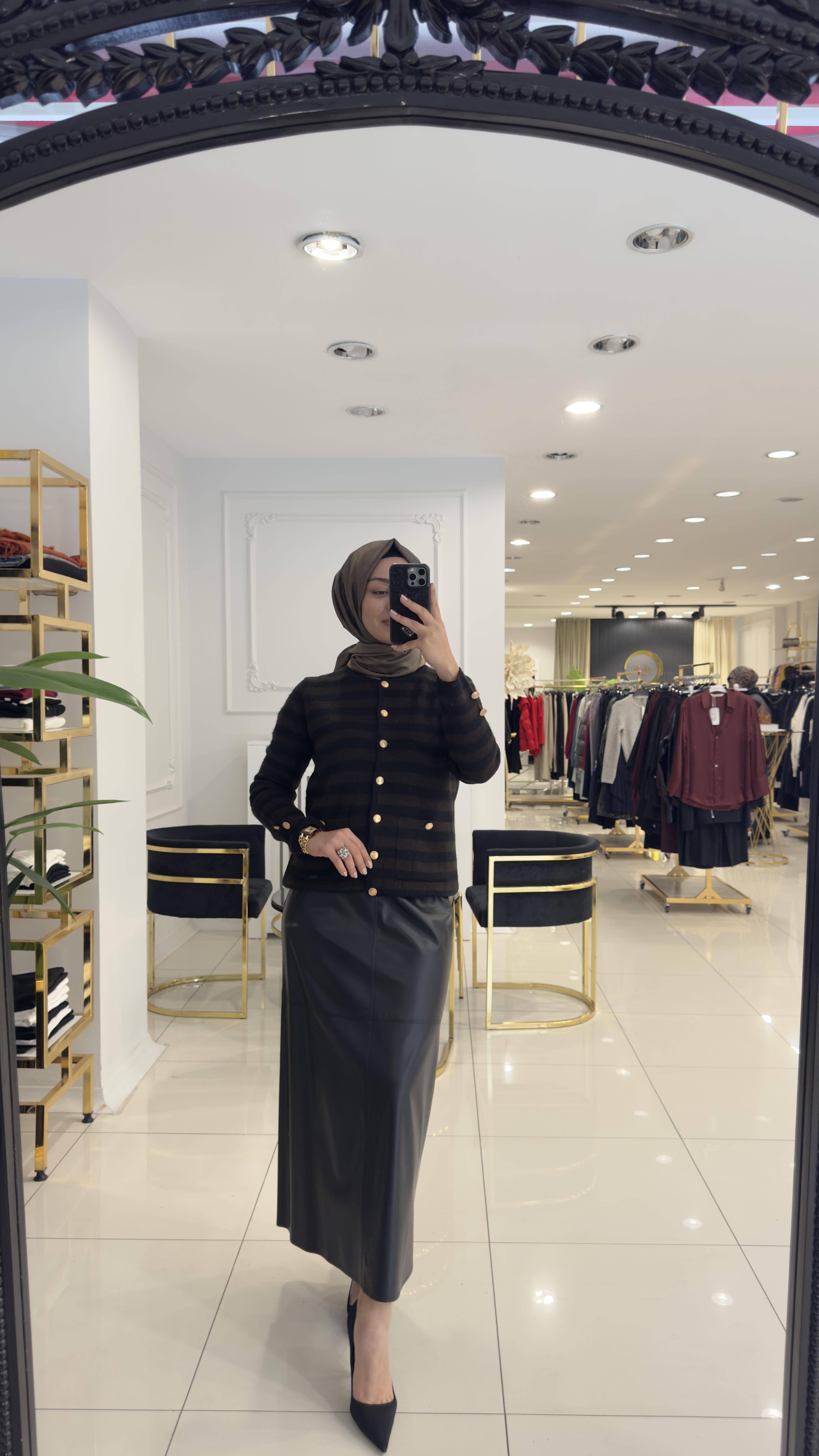 6866 Network çizgili ceket hırka-ACI KAHVE