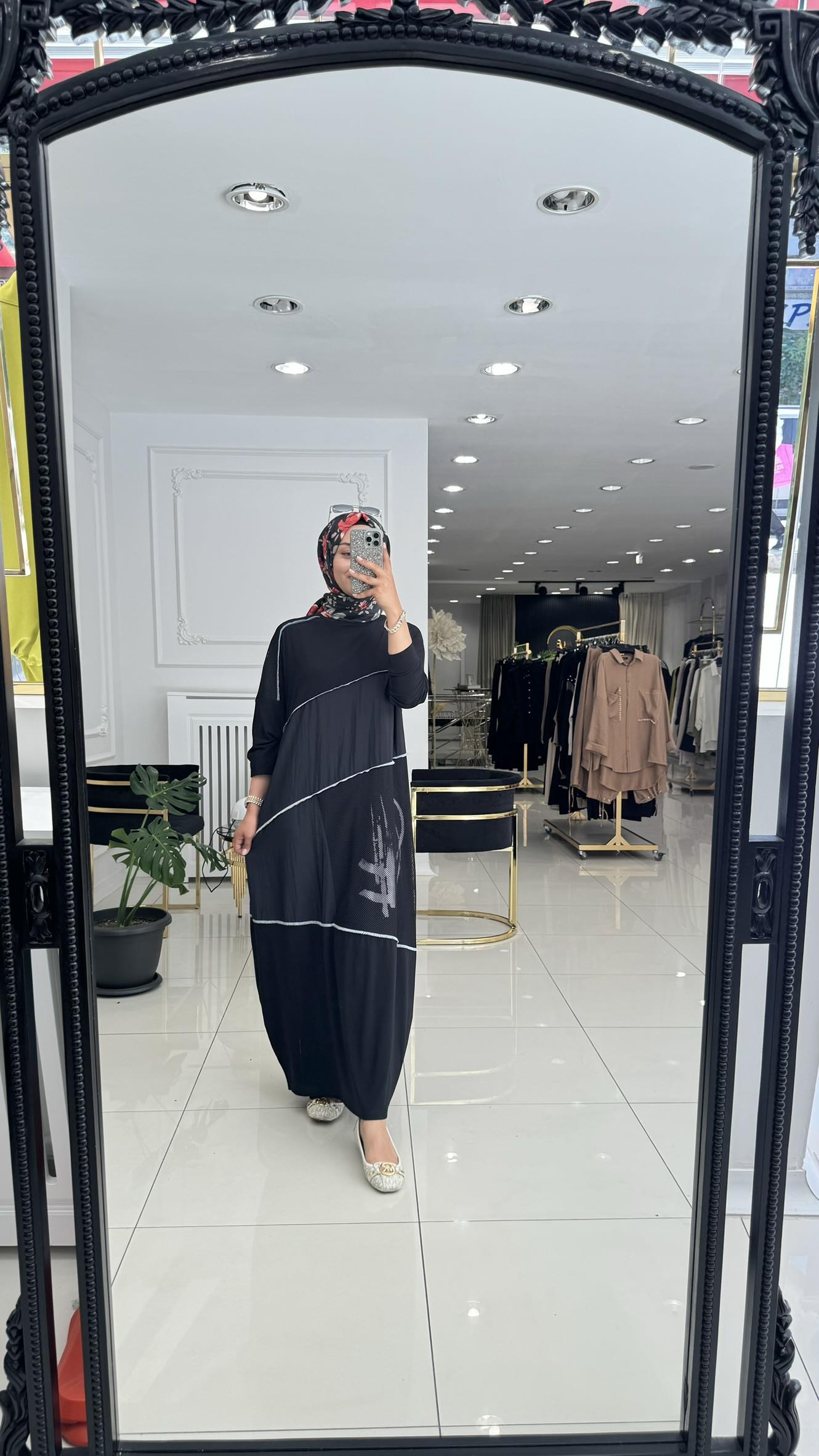 7516 File detaylı sandy elbise-SİYAH