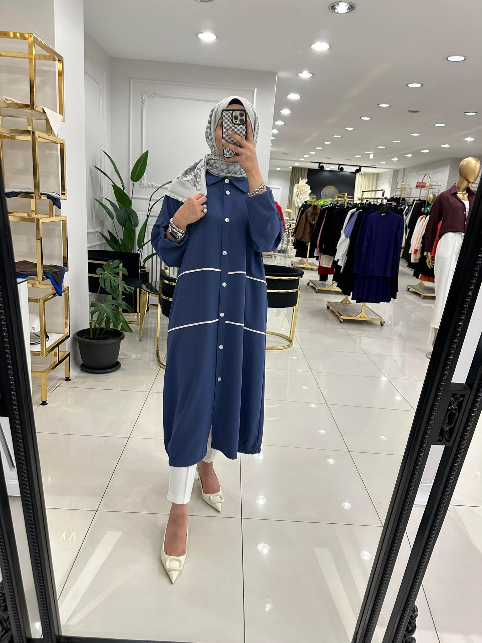 7603 Biye detaylı düğmeli kap İNDİGO