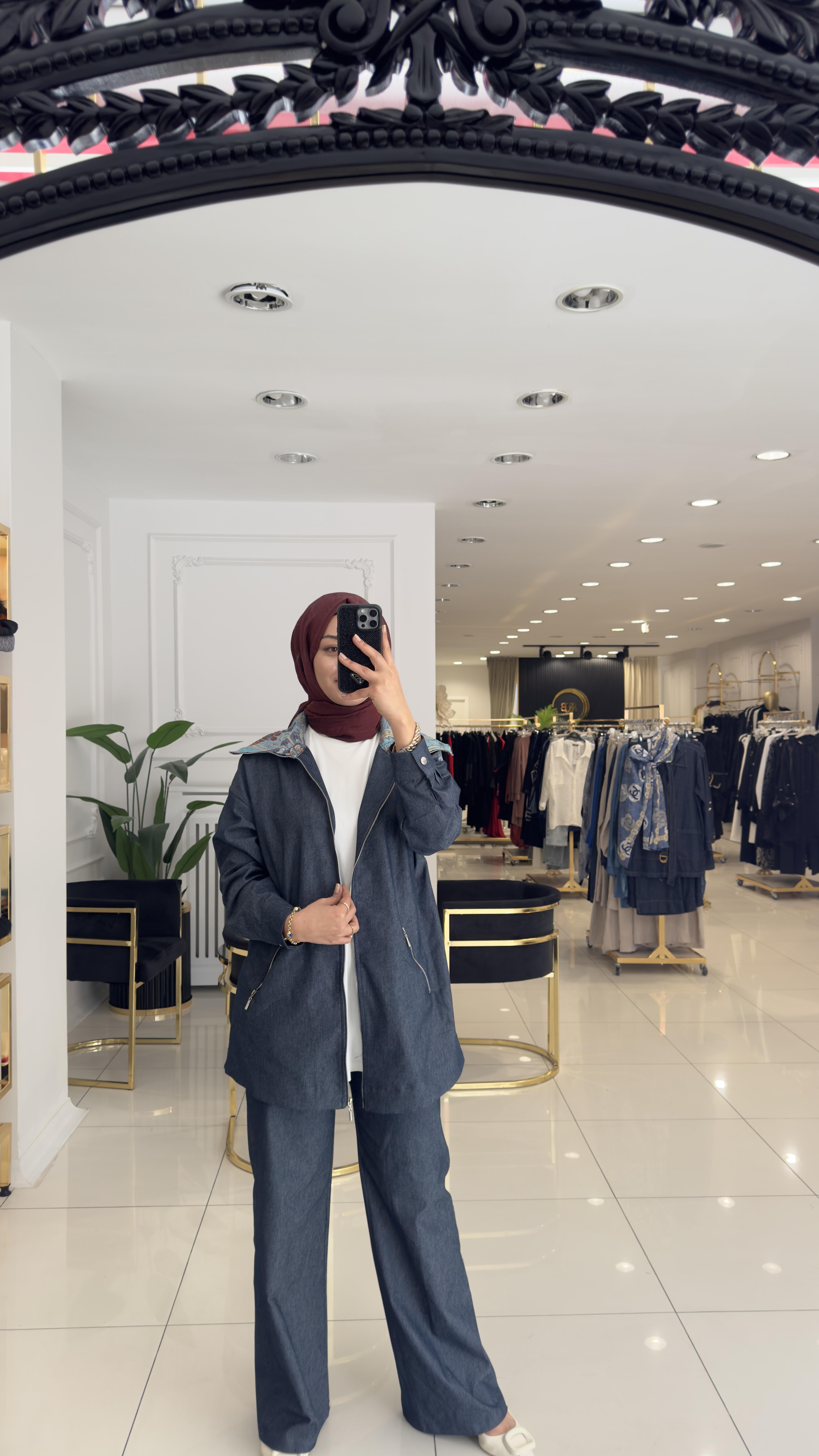 8524 Şal yaka kabartmalı denim takım-MAVİ