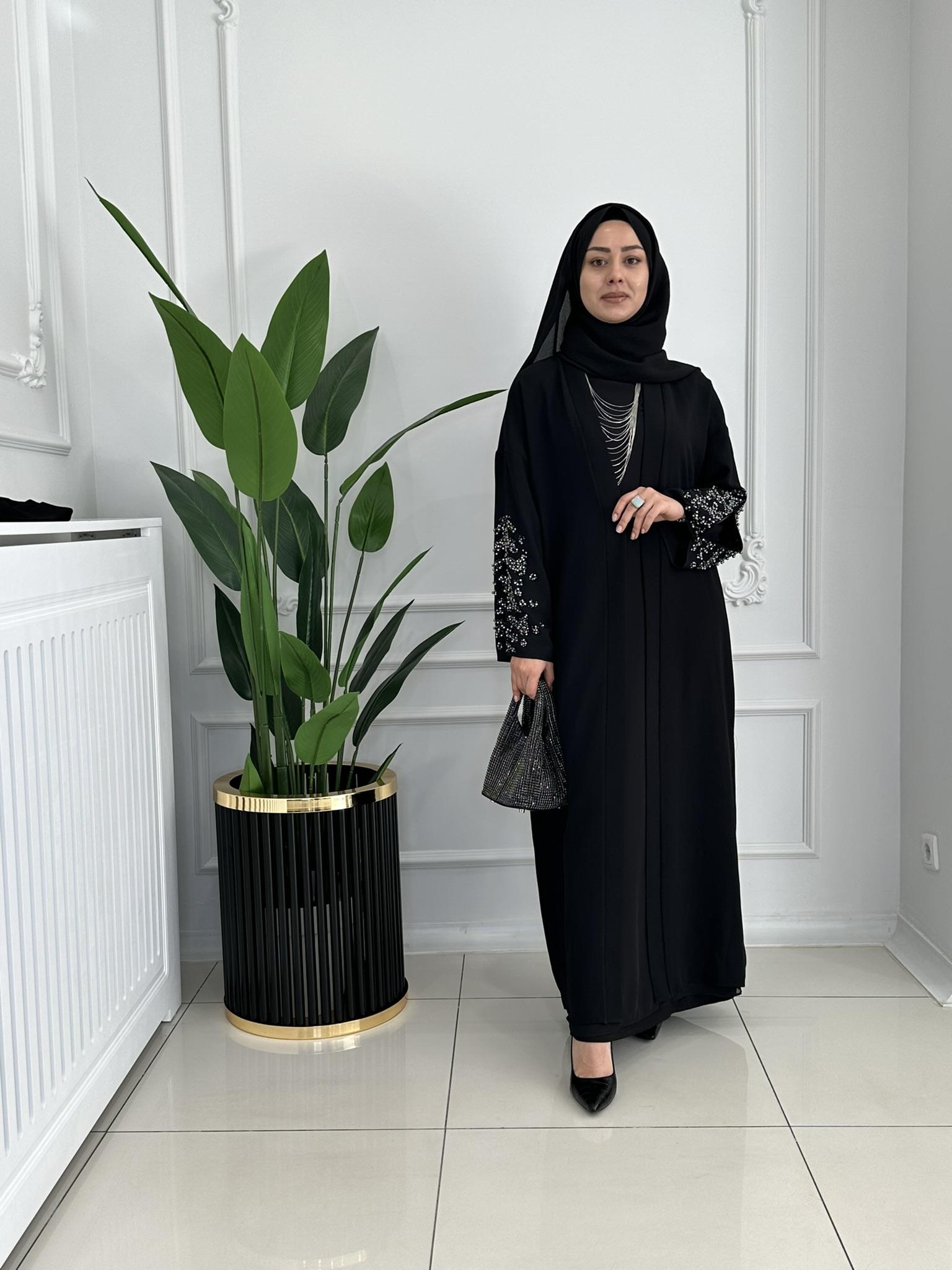 9207 Boncuk işlemeli Abaya  SİYAH