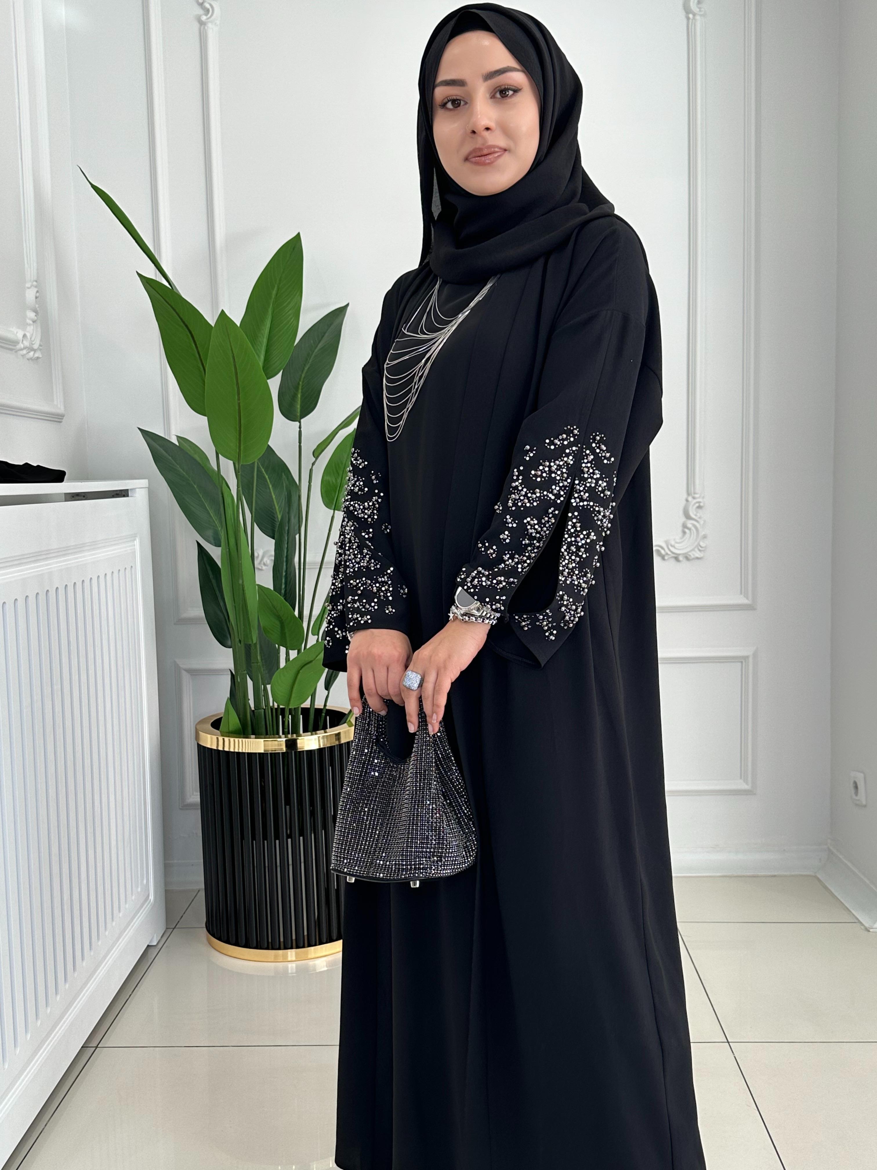 9207 Boncuk işlemeli Abaya   SİYAH