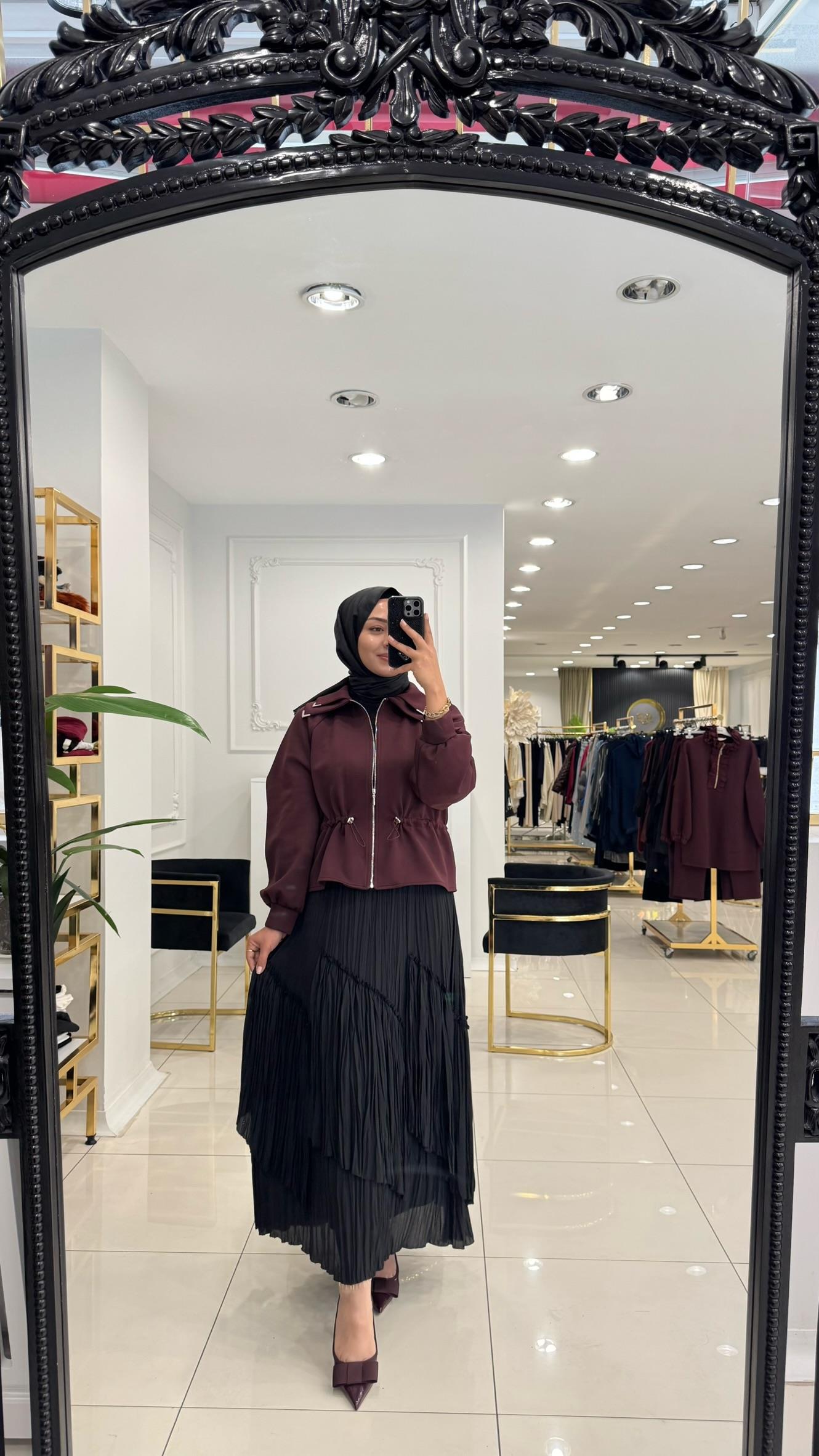 9271 Çift yaka bel büzgülü ceket-BORDO