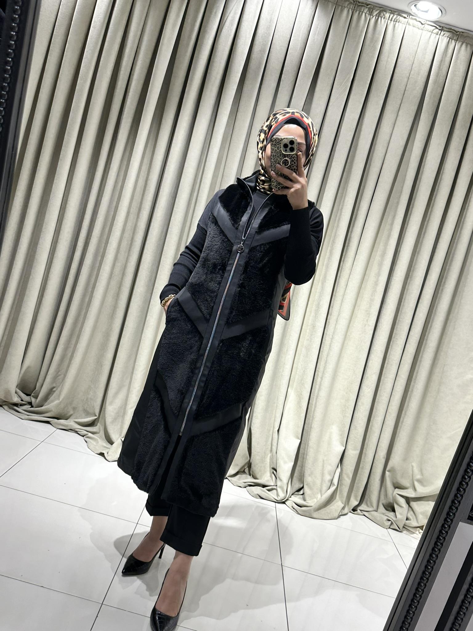 DERİ DETAYLI UZUN YELEK