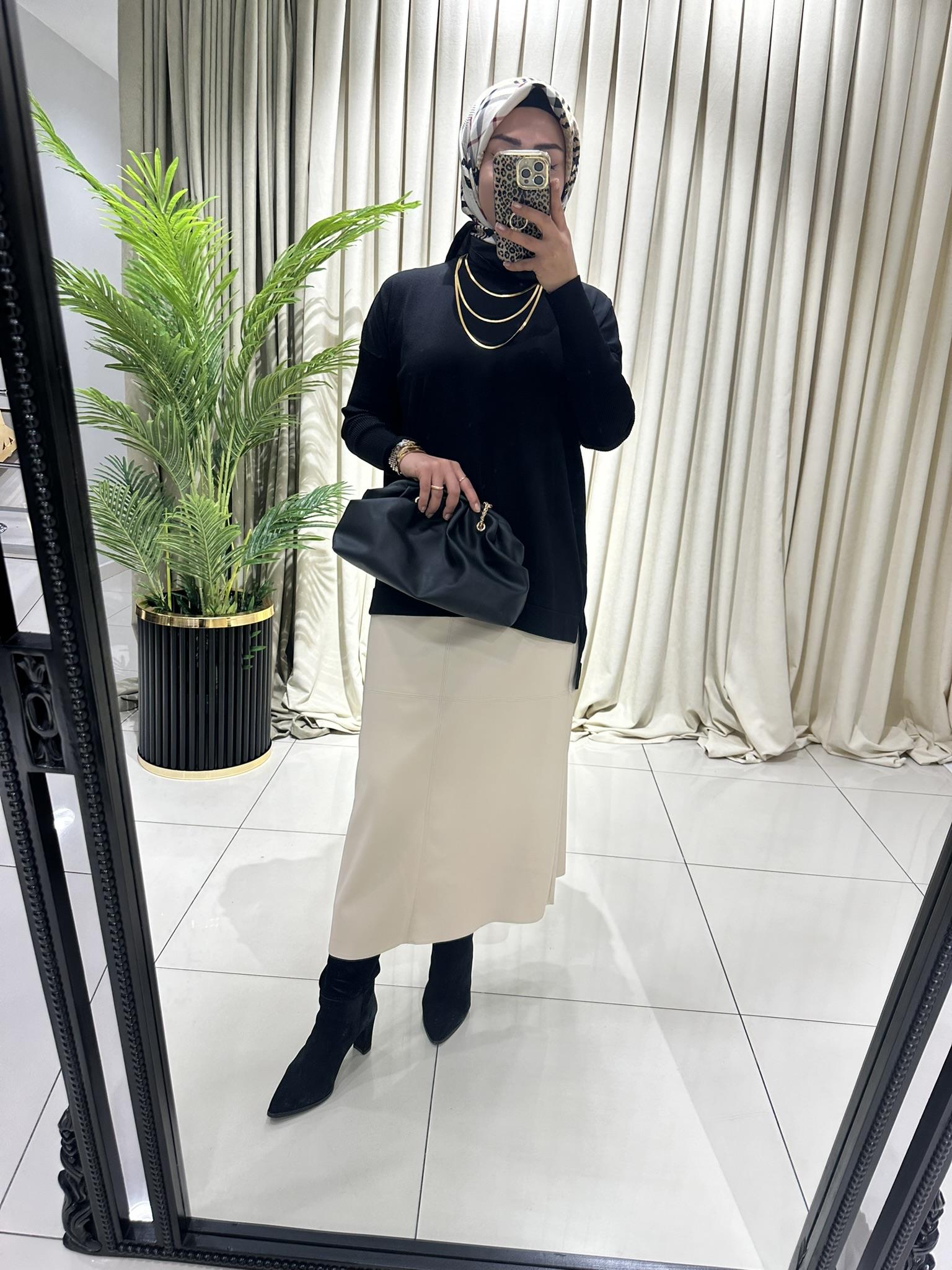 SZ-5268 PARÇALI DERİ ÇAN ETEK     BEJ