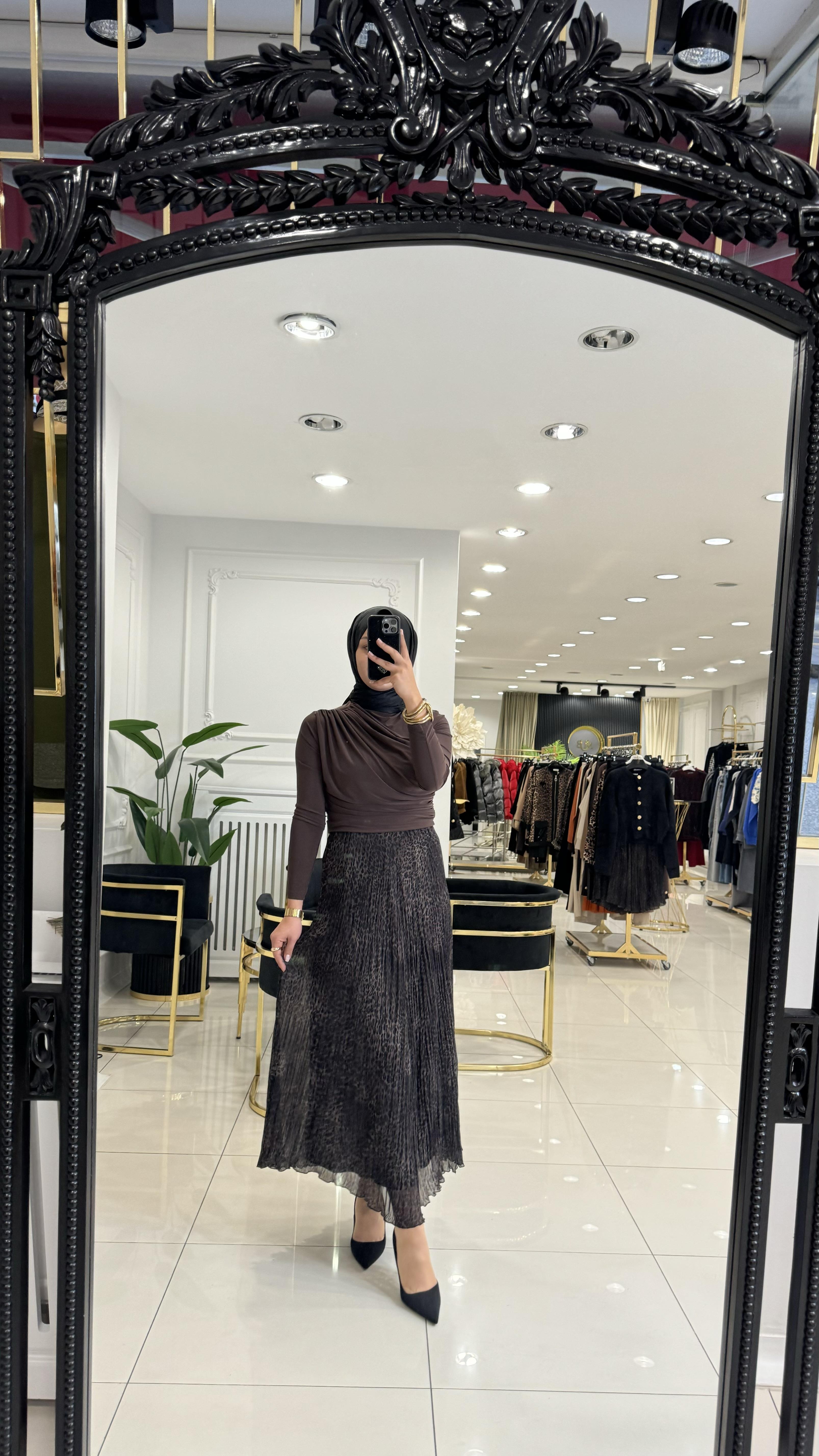 SZ-5432 Leopar şifon kırıştırma etek-KAHVERENGİ