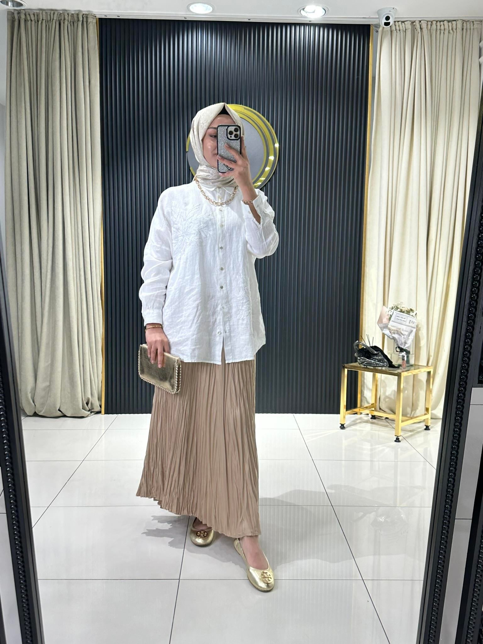 SZ-5443 Saten kırıştırma etek  CAMEL