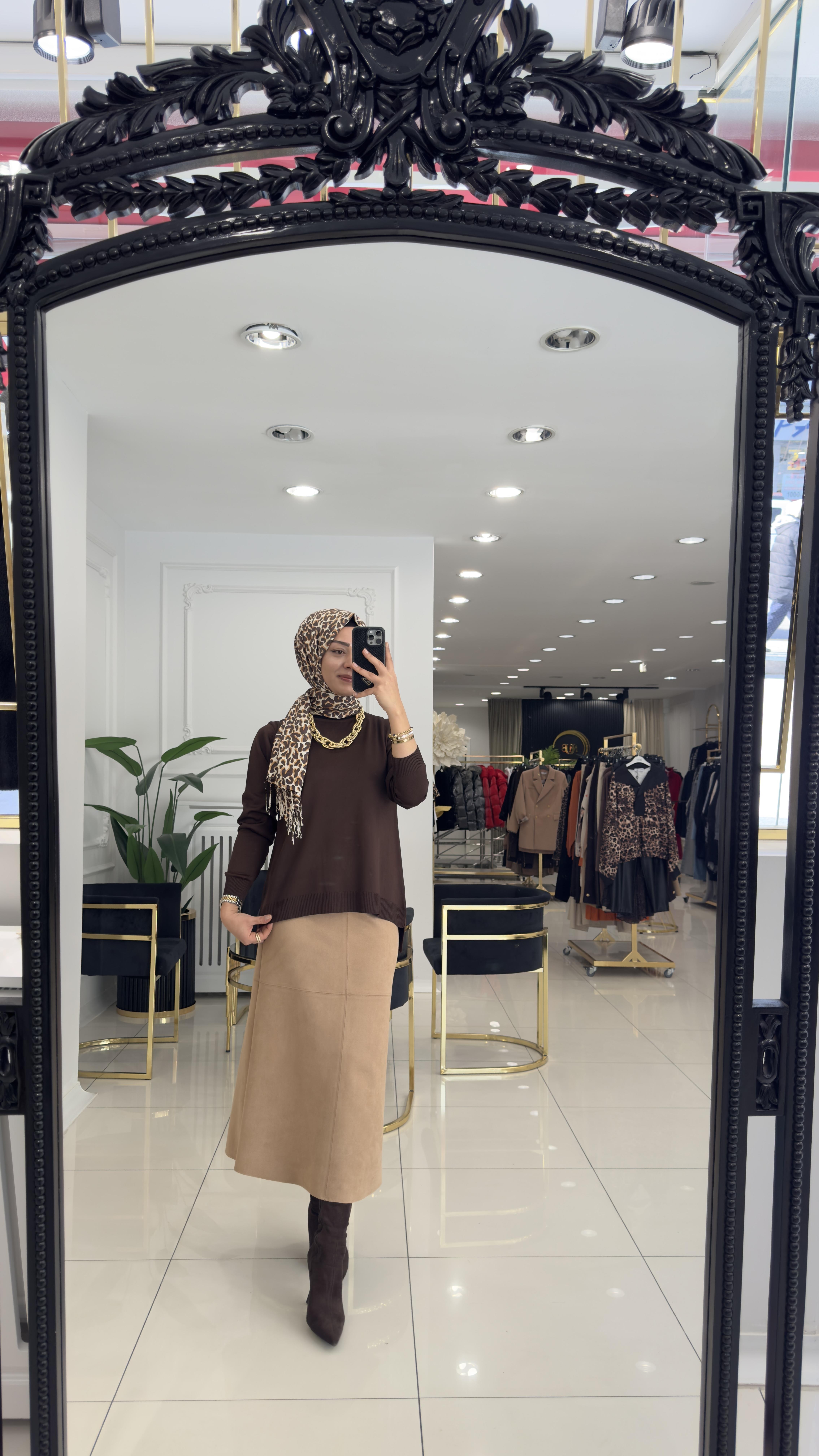 SZ-5453 Süet parçalı etek- CAMEL