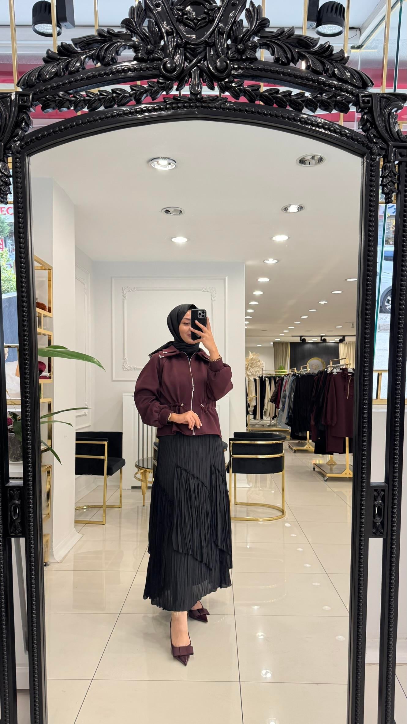 SZ-5475 Viola parçalı kırıştırma etek-SİYAH