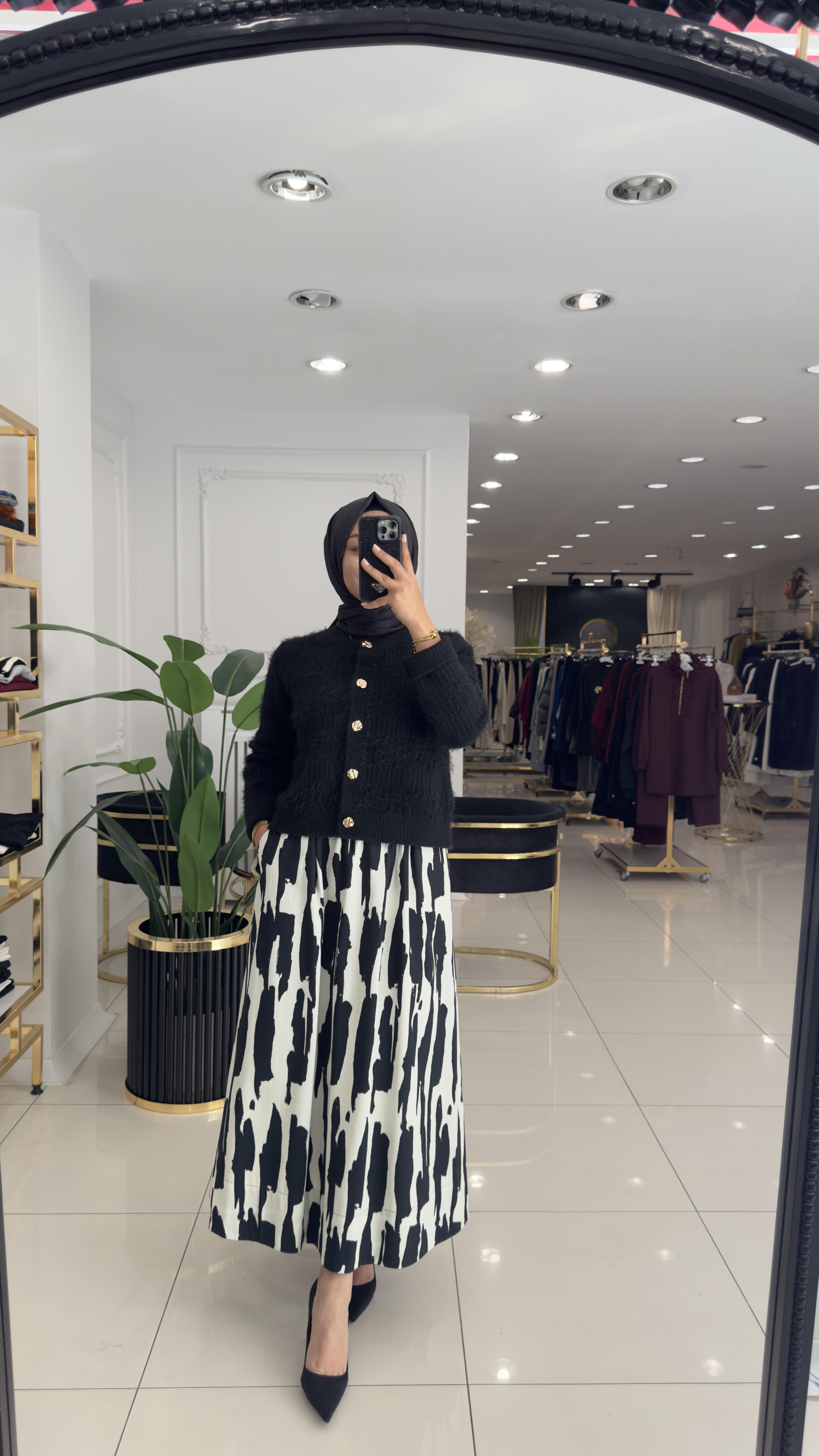 SZ-5476 Zebra desenli kloş etek-SİYAH