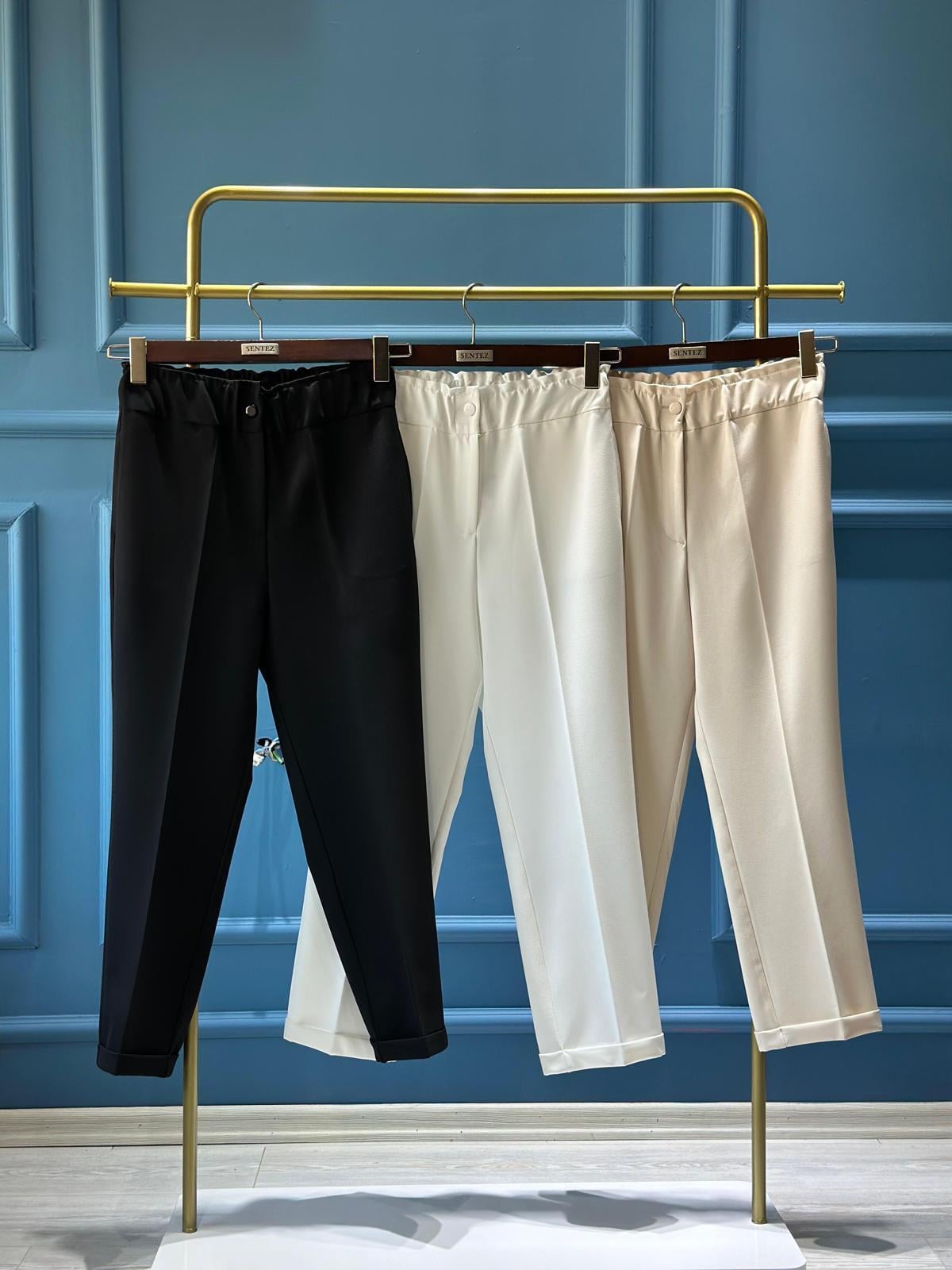 SZ-5514 Beli lastikli duble paça pantolon-KREM
