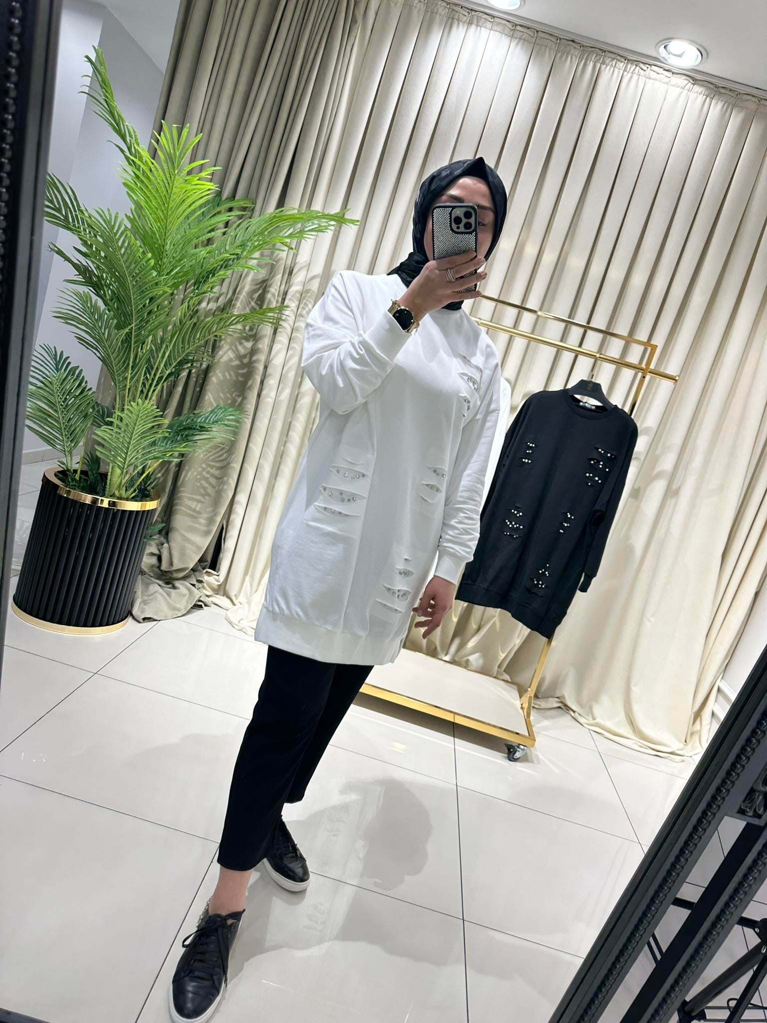 YIRTIK TAŞLI TUNİK BEYAZ 