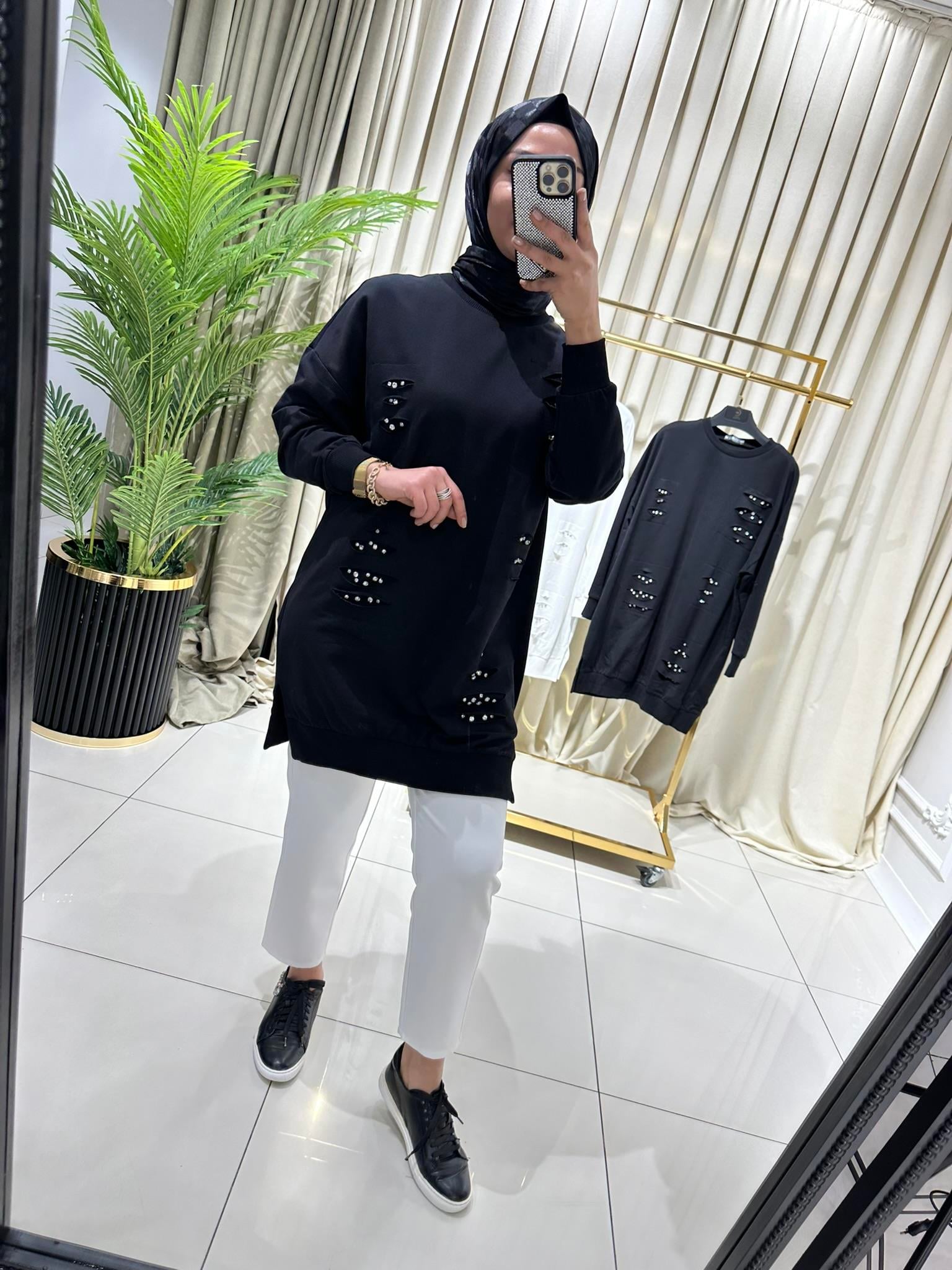 YIRTIK TAŞLI TUNİK SİYAH 