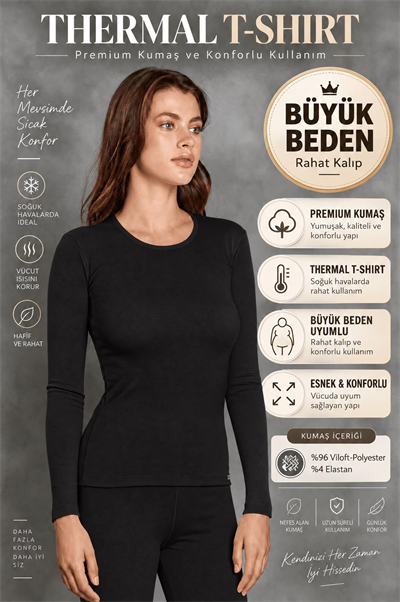 334199Kadın Büyük Beden Şardonlu Uzun Kol Siyah Thermal T-Shirt 8583Üst TermalDoreanseKadın Büyük Beden Şardonlu Uzun Kol Siyah Thermal T-Shirt 8583