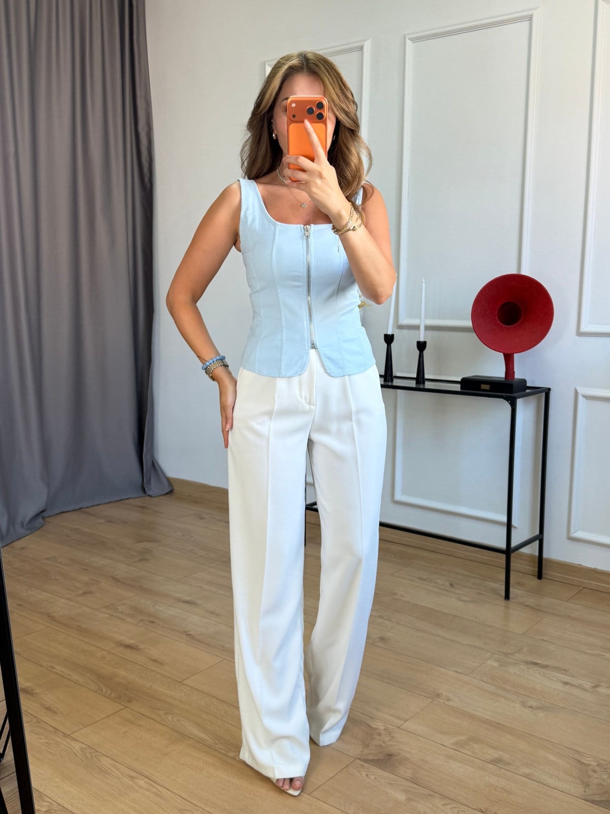 Bebe Mavisi Fermuarlı Kalın Askılı Bluz
