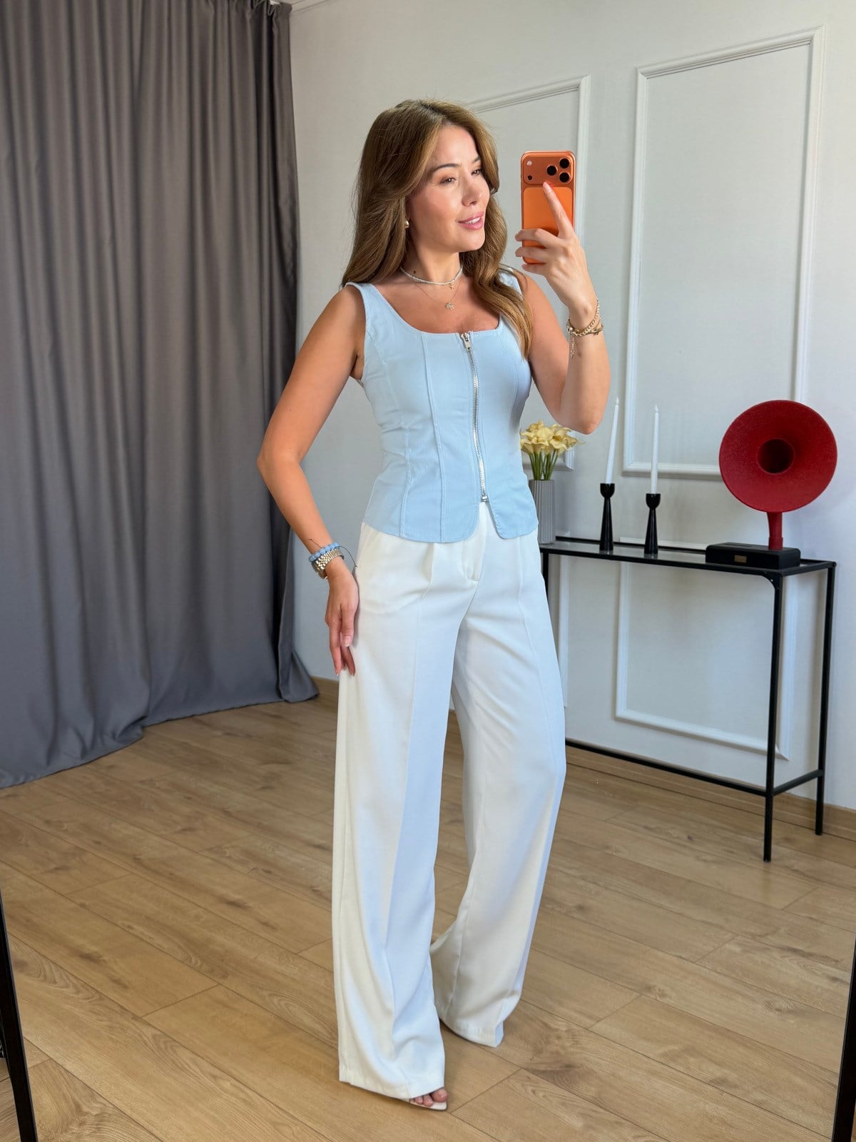Bebe Mavisi Fermuarlı Kalın Askılı Bluz