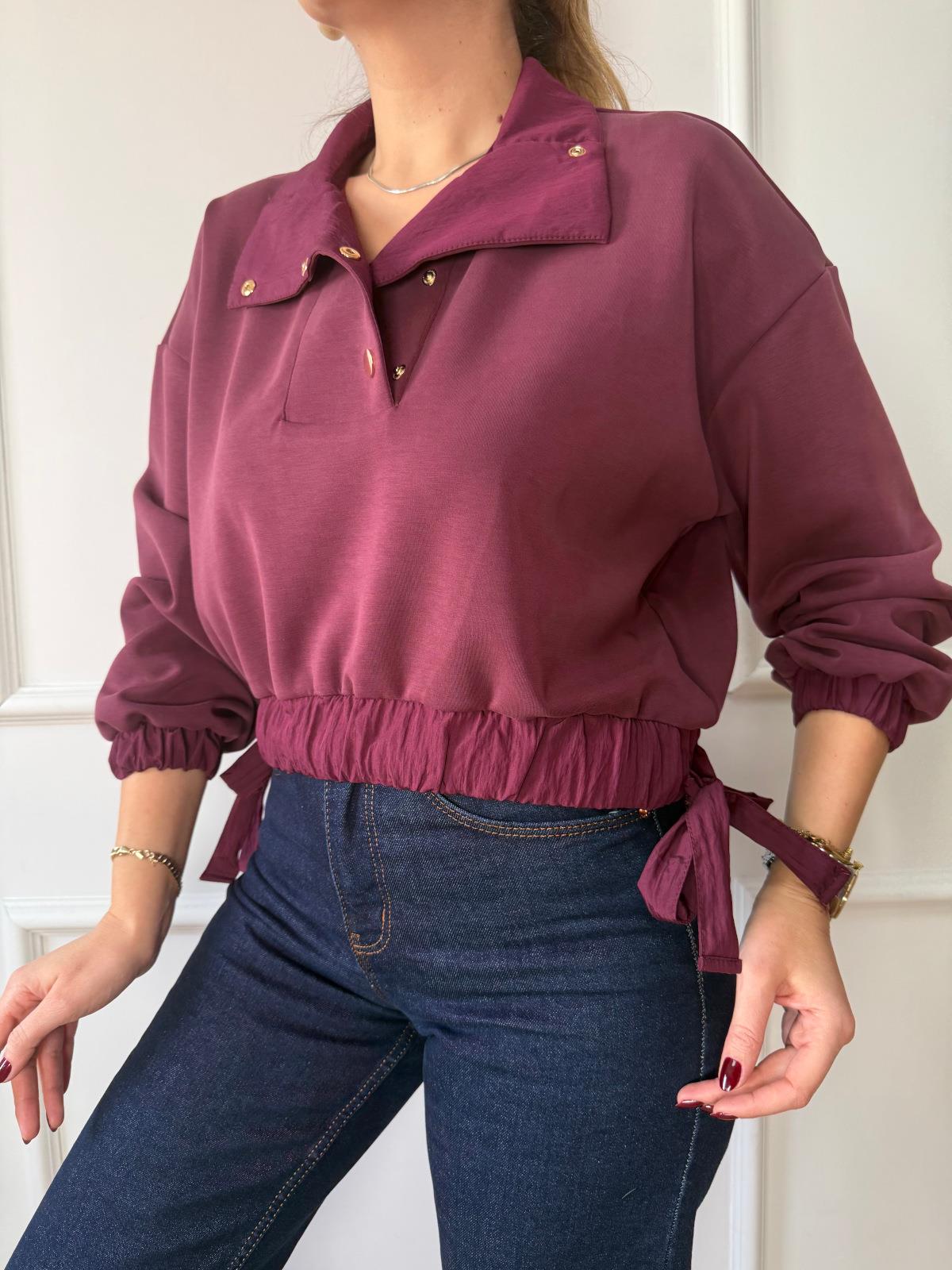 Bordo Bel Bağlama Detaylı Sweatshirt