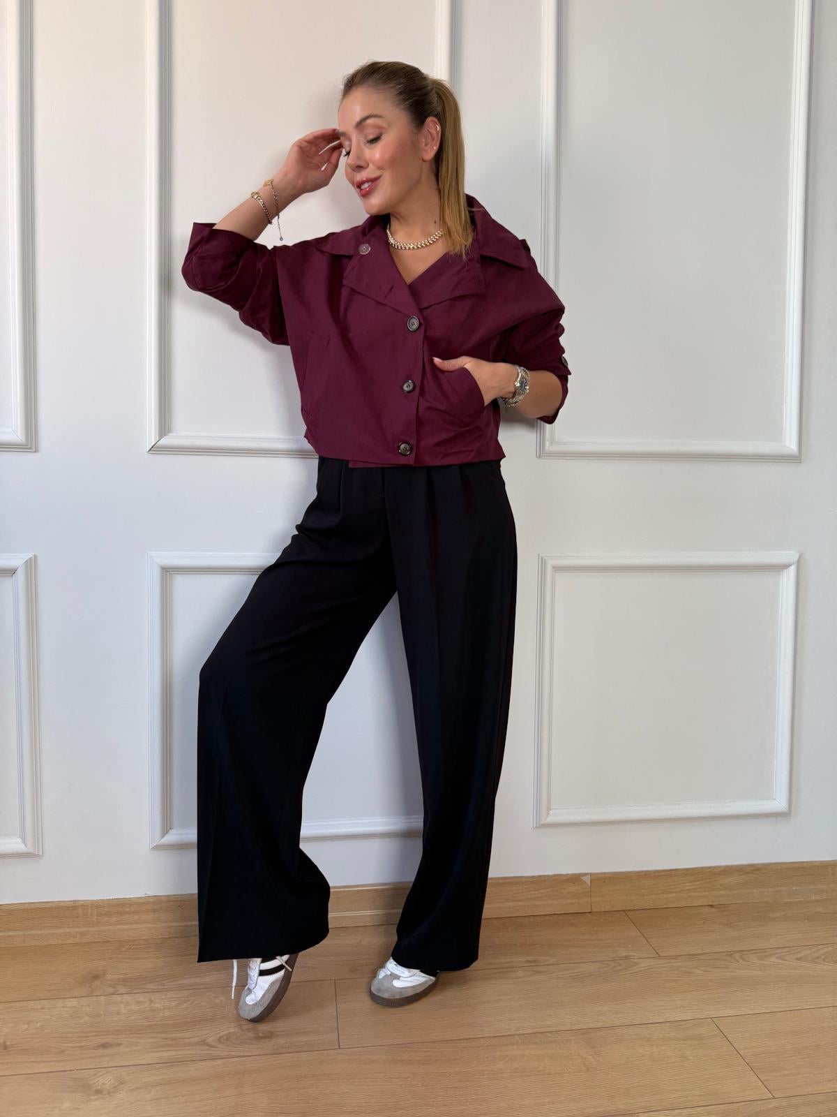 Bordo Kapüşonlu Trençkot