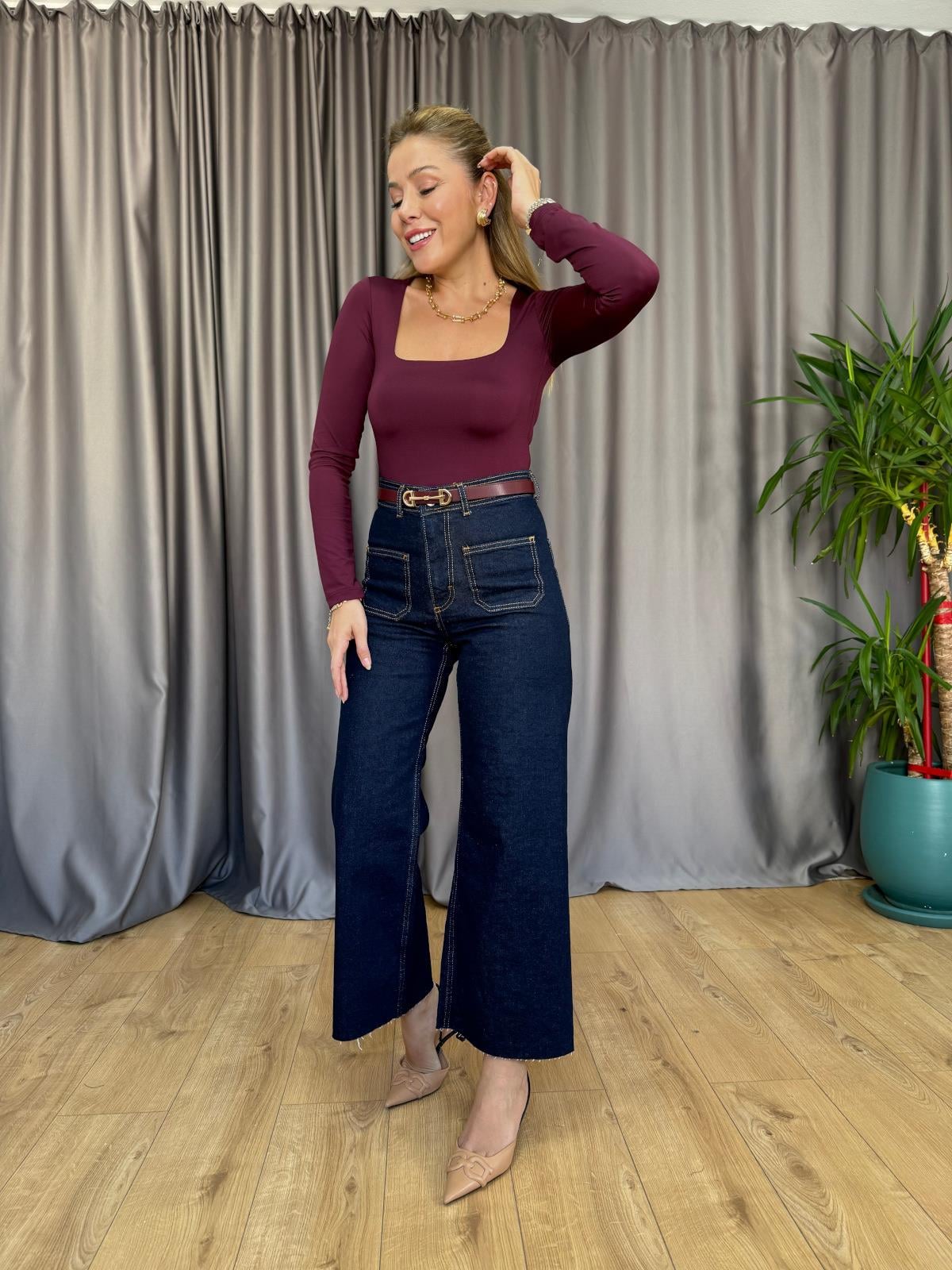 Bordo Kare Yaka Bodysuit