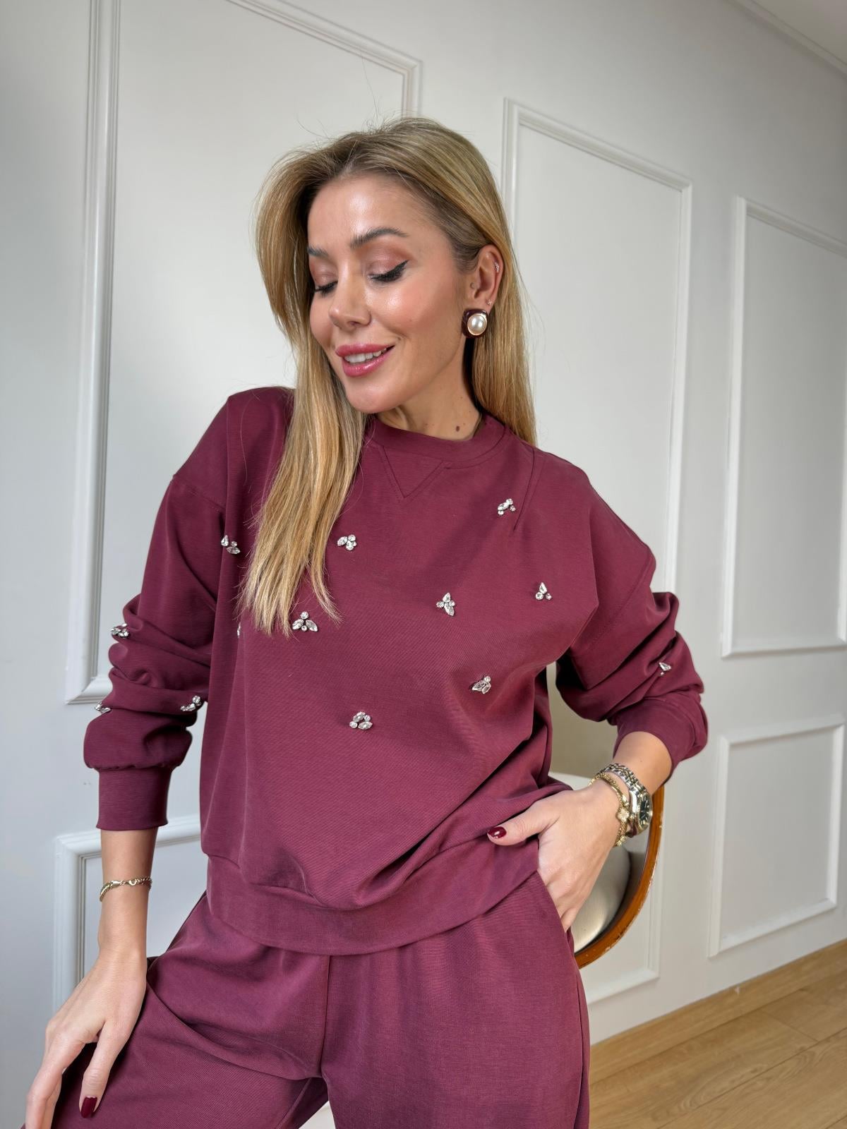 Bordo Taşlı Takım