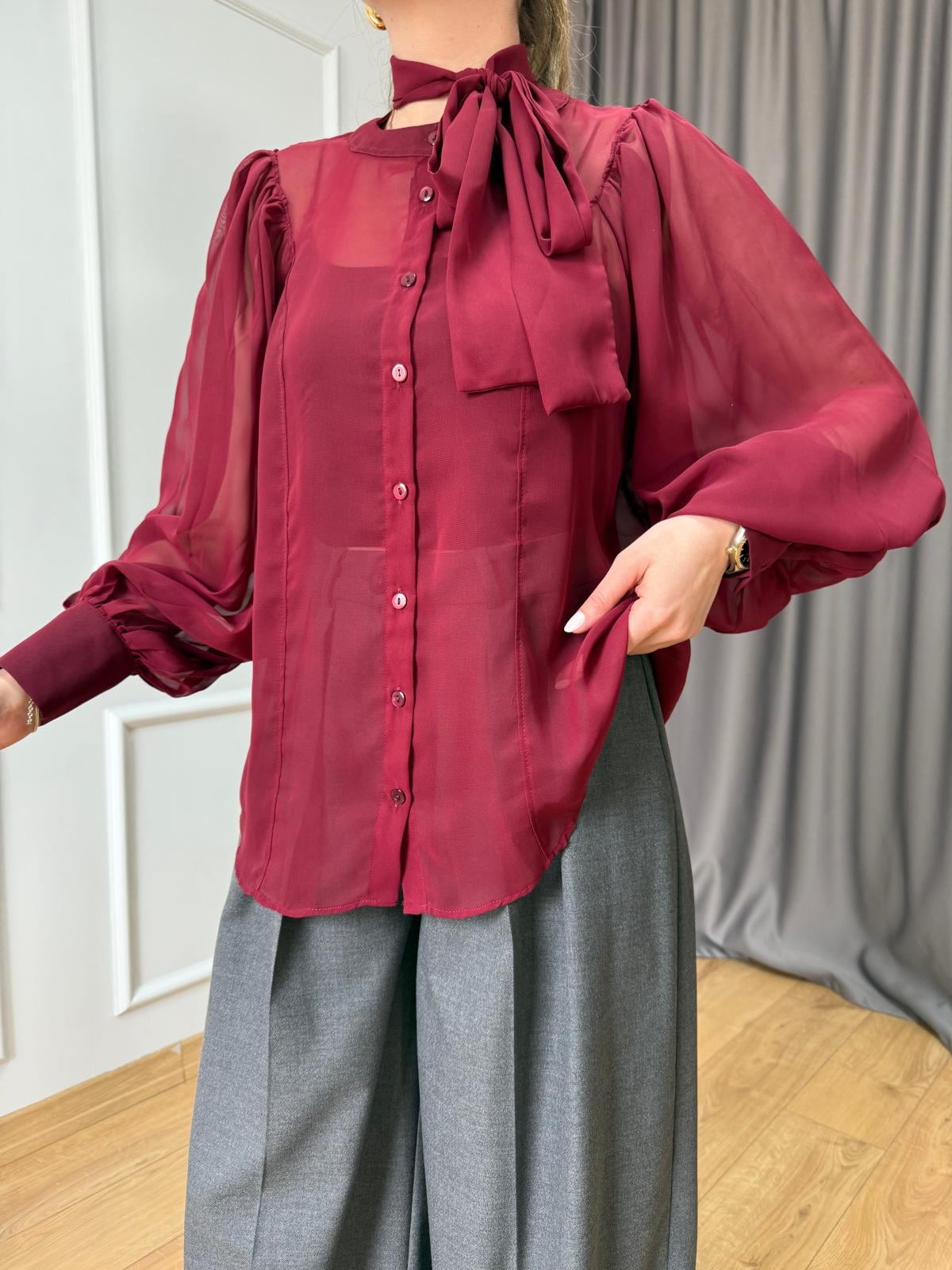 Bordo Transparan Gömlek