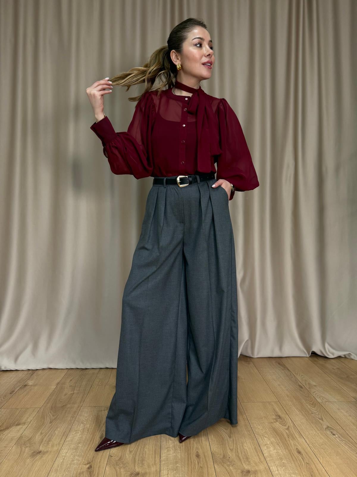 Bordo Transparan Gömlek