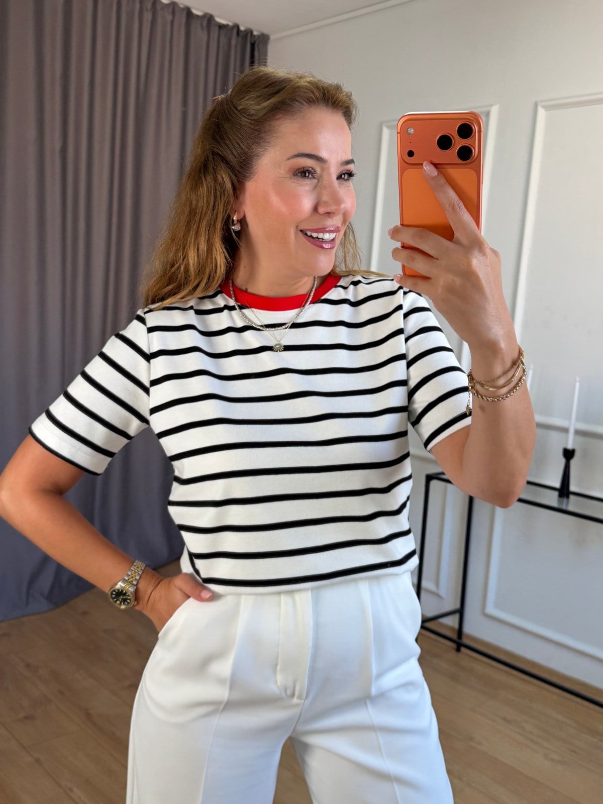 Ekru Çizgili Tshirt