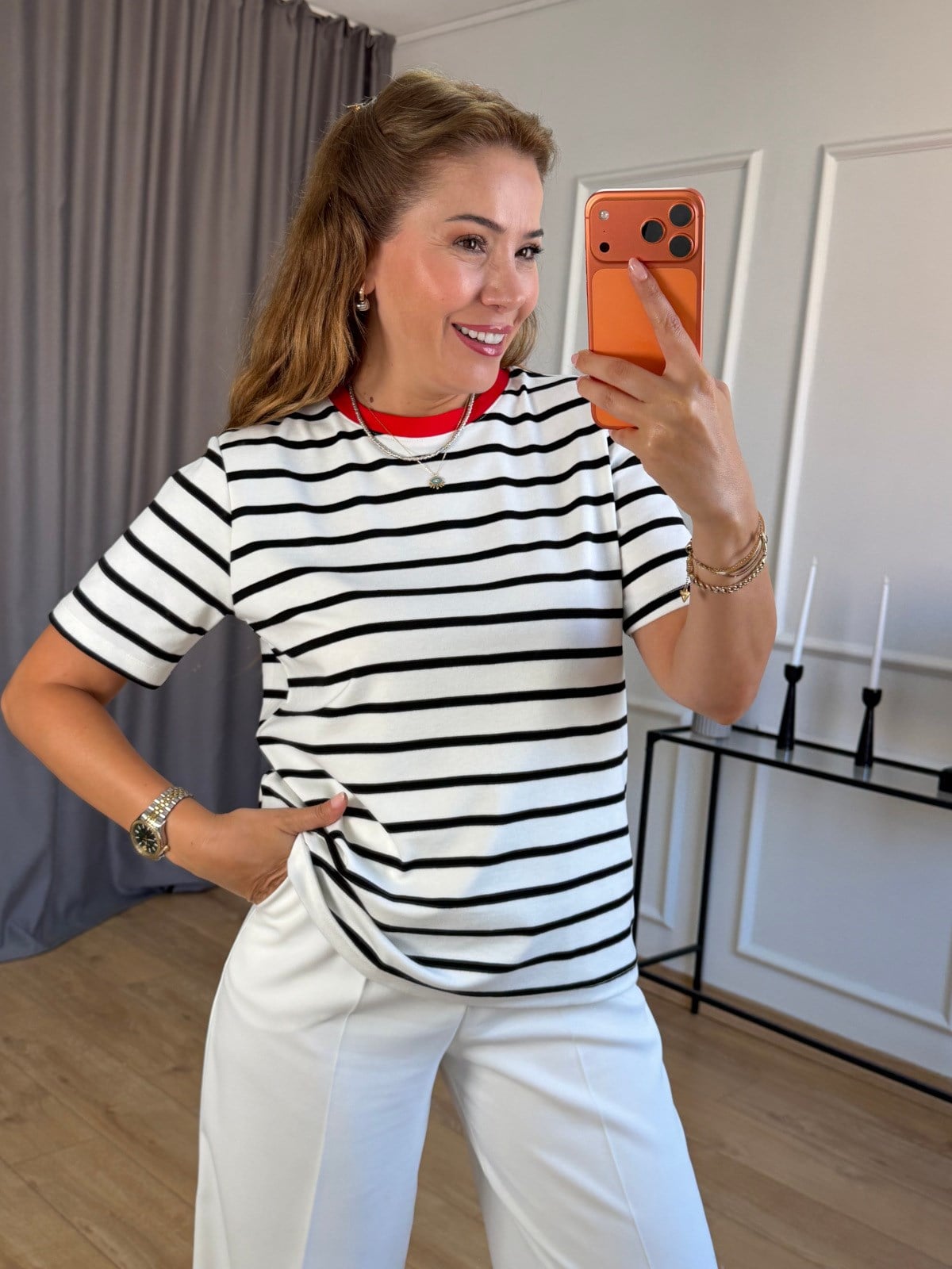 Ekru Çizgili Tshirt