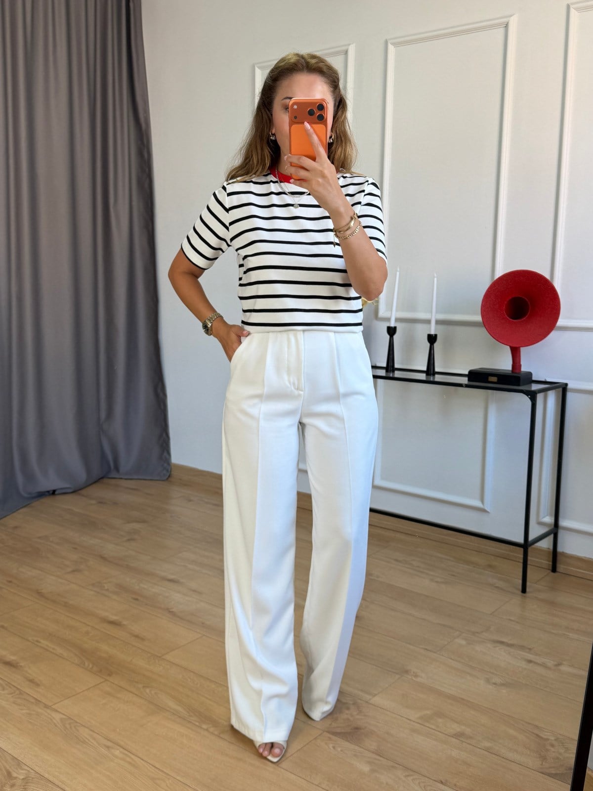 Ekru Çizgili Tshirt