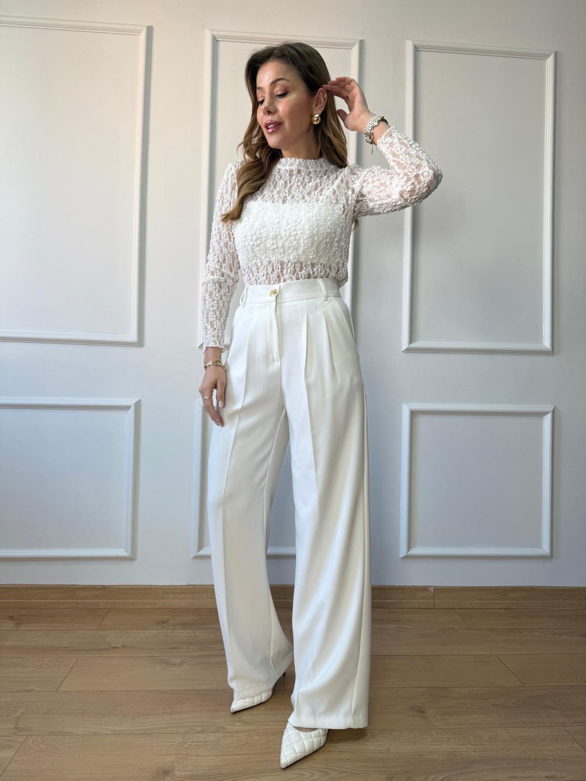 Ekru Gold Düğmeli Palazzo Pantolon