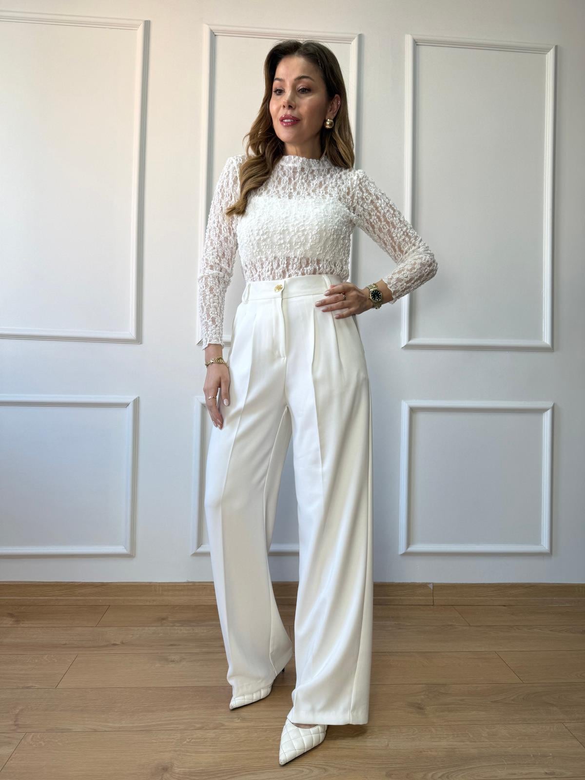 Ekru Gold Düğmeli Palazzo Pantolon