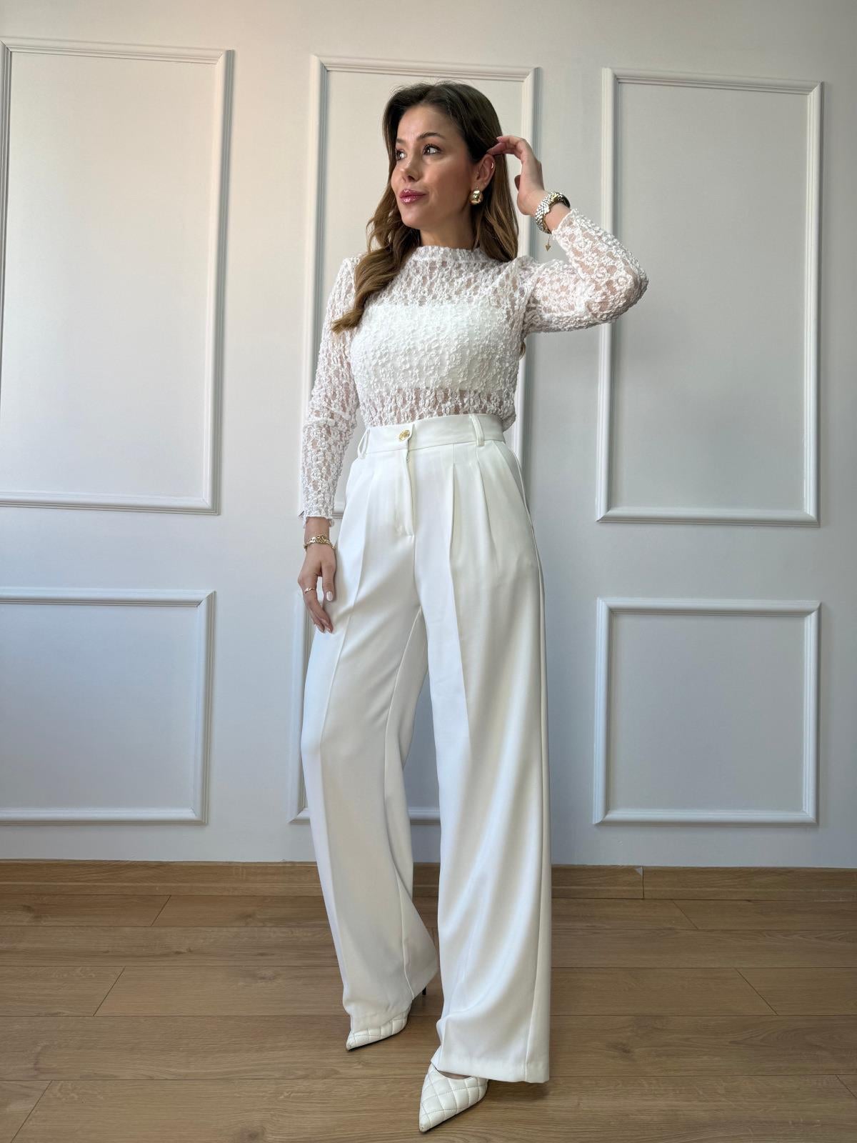 Ekru Gold Düğmeli Palazzo Pantolon