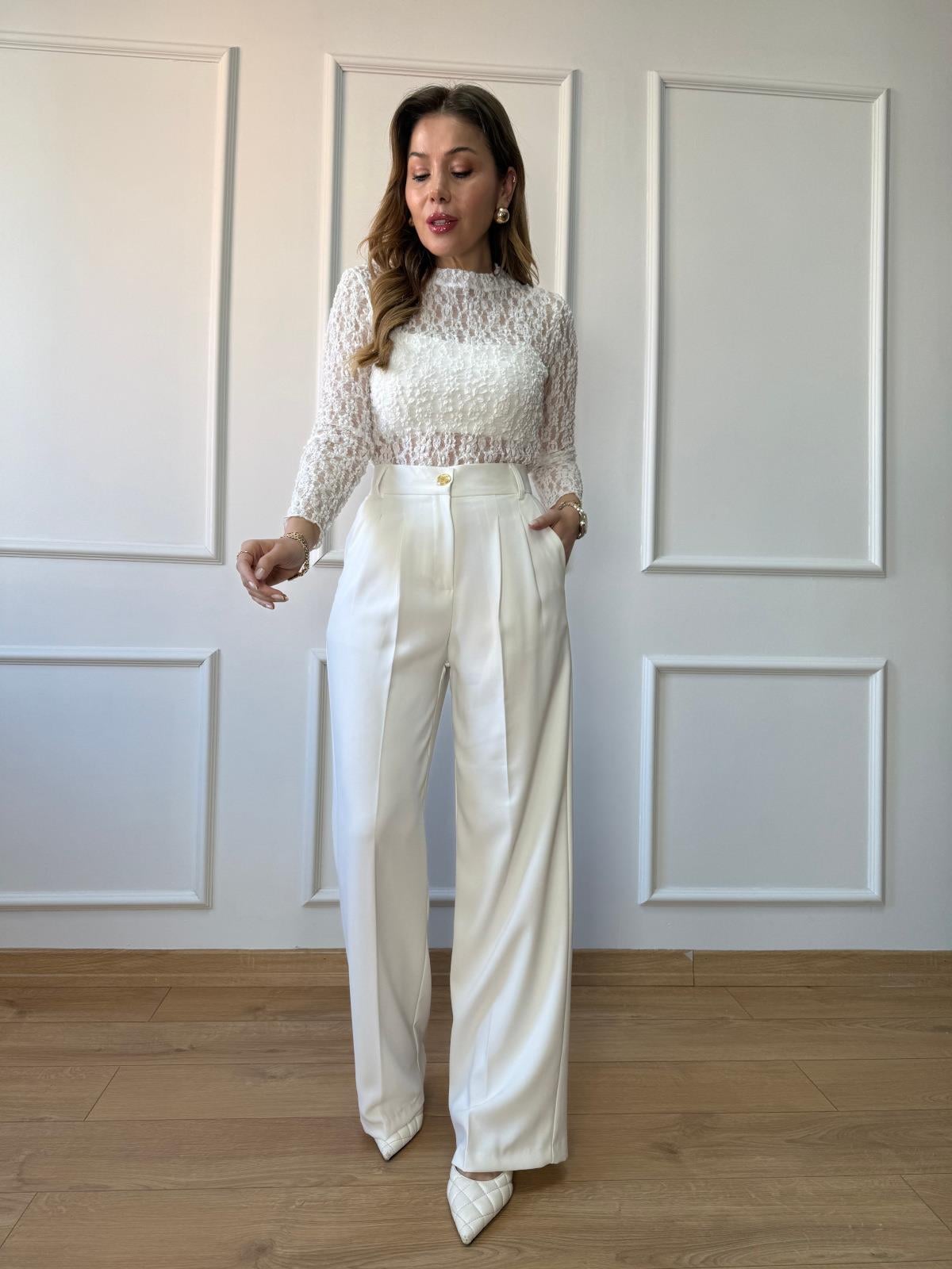 Ekru Gold Düğmeli Palazzo Pantolon