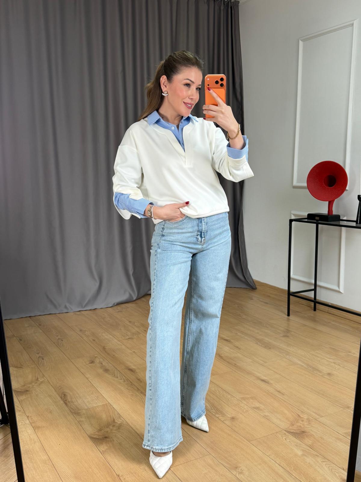 Ekru Gömlek Yakalı Sweatshirt