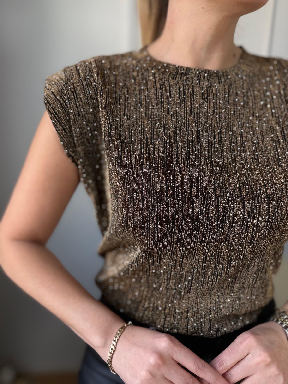 Gold Işıltılı Taşlı Bluz