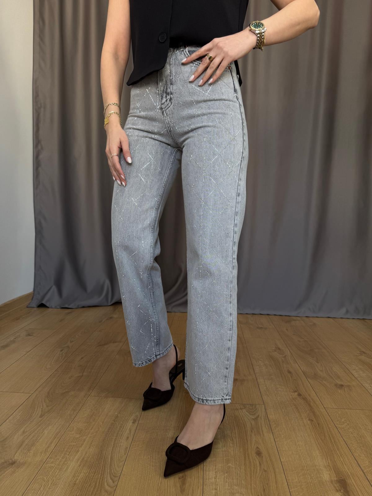 Gri Geometrik Taşlı Jean